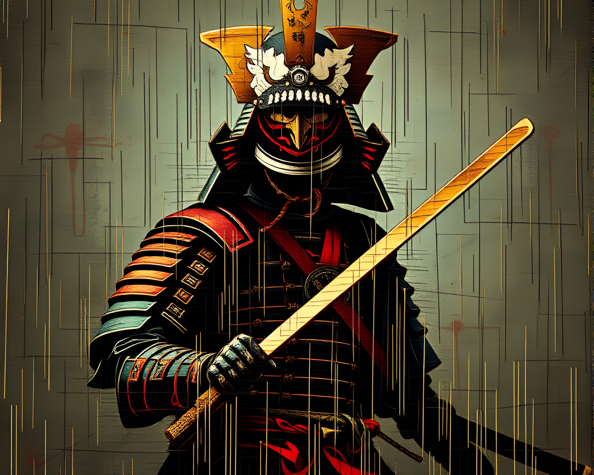 Samurai Warrior in VHS Distortion Stained Glass – free AI stock image