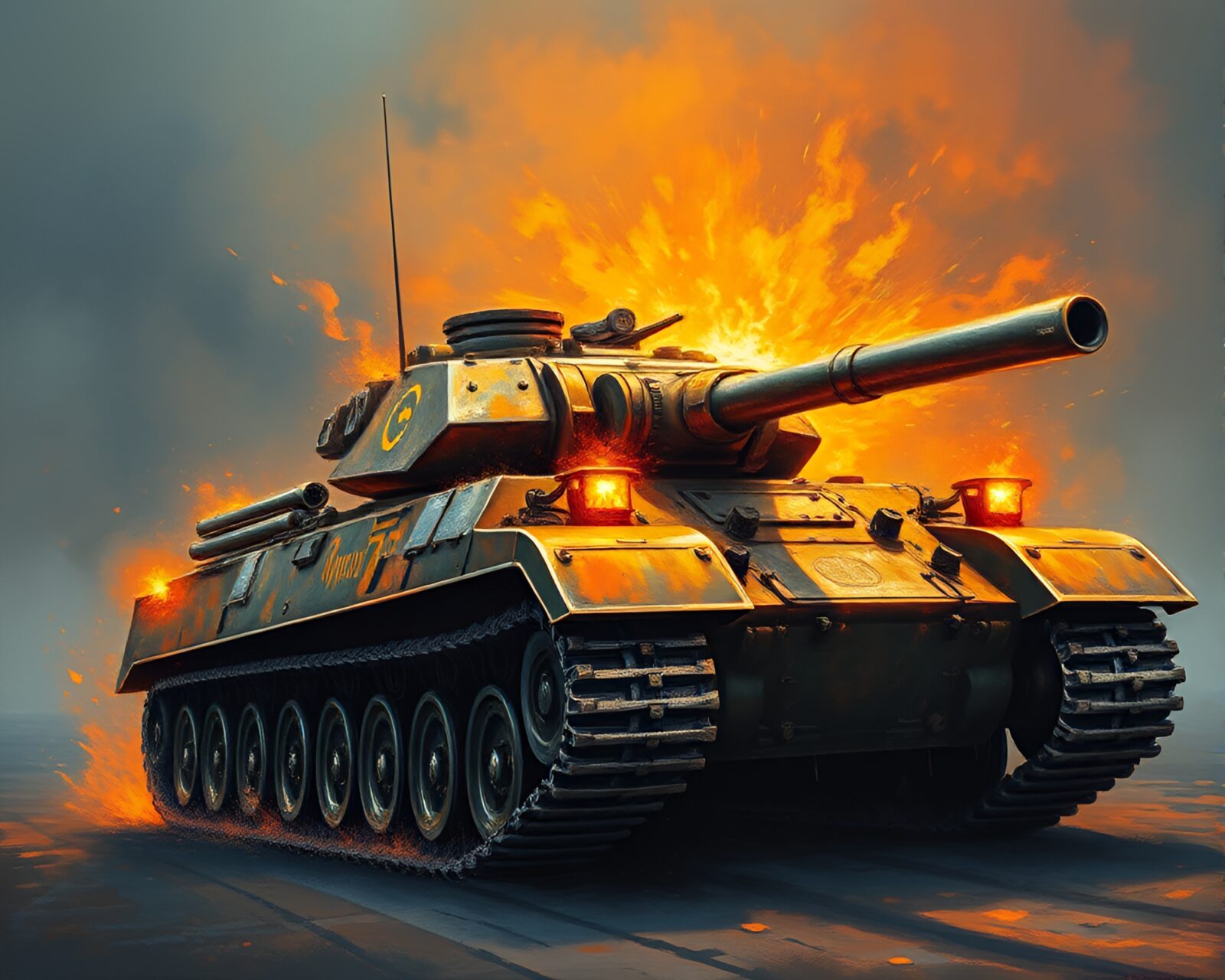 Tempera painting of a detailed armored tank glowing in solar flare light