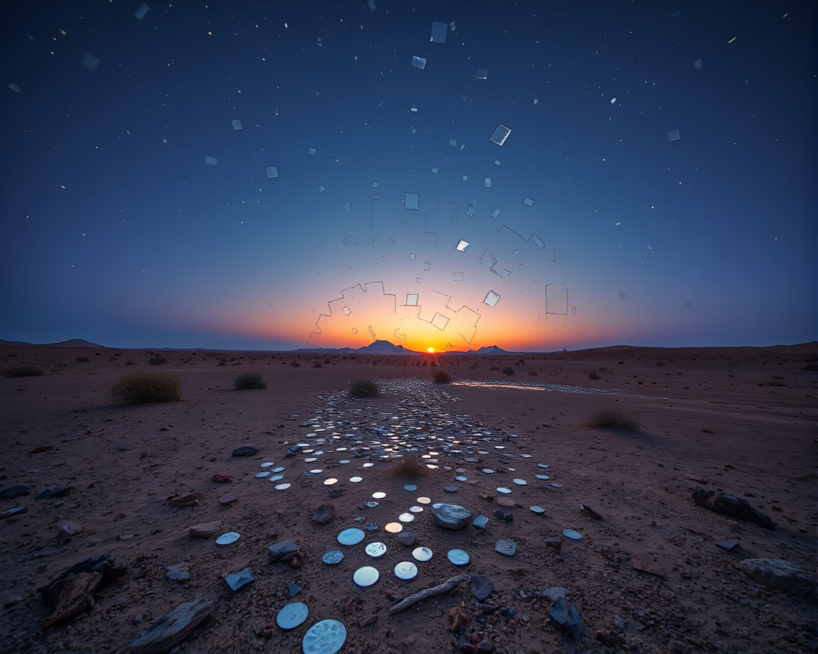 HDR photo of desert mirage with broken mosaic fragments