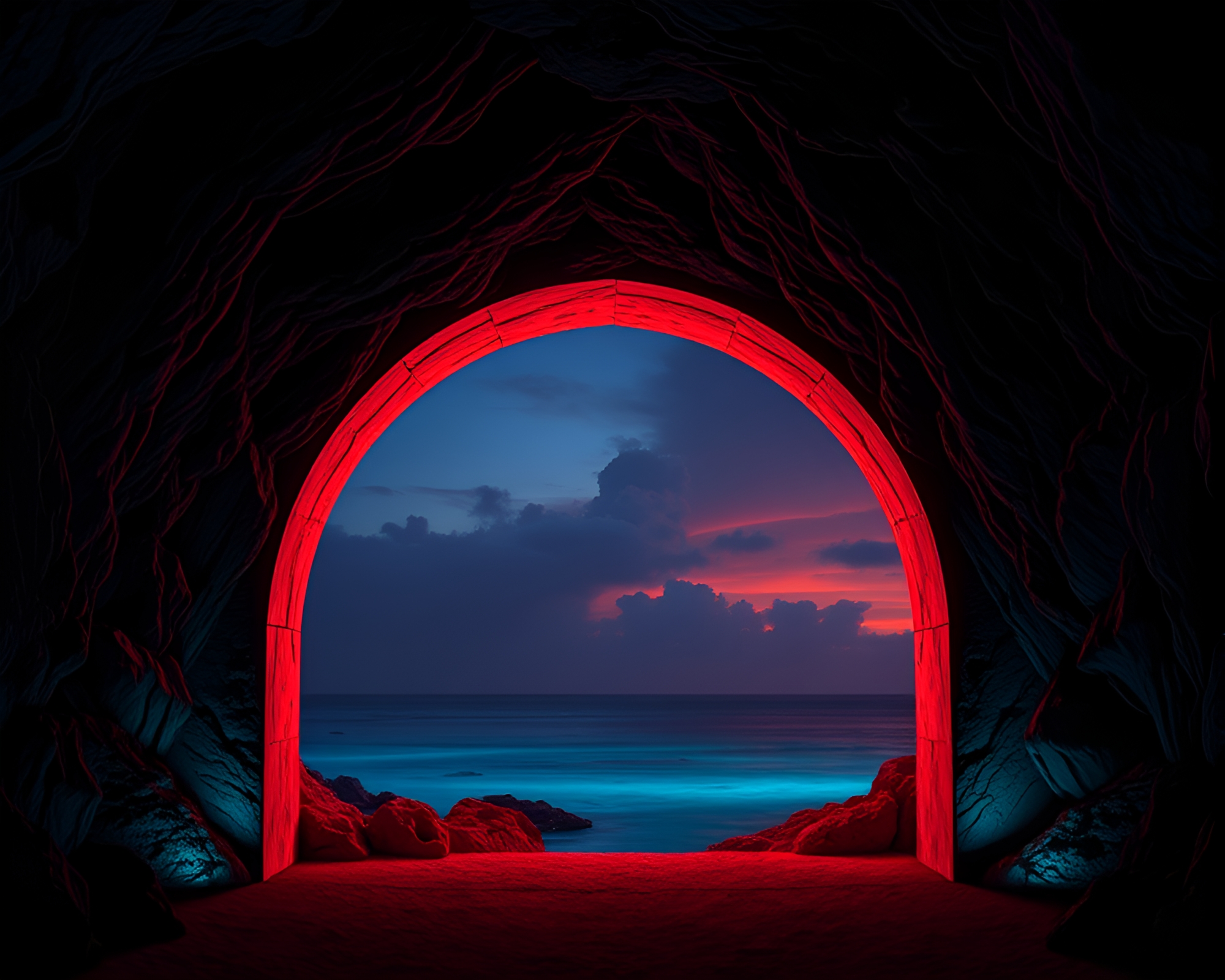 Neon Coral Atoll Cave Entrance Architecture – free AI stock image