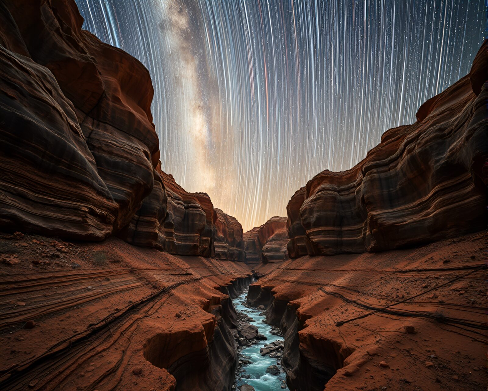 A mesmerizing shield adorned with star trails in a rust-toned canyon with fluid simulation