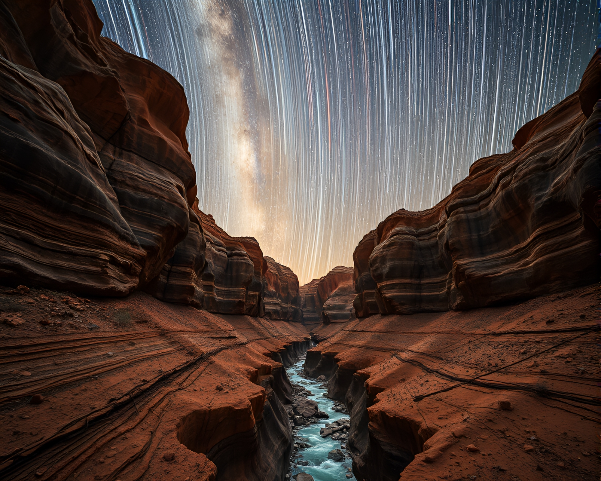 Celestial Shield: Star Trails Fluid Rusted Canyon – free AI stock image