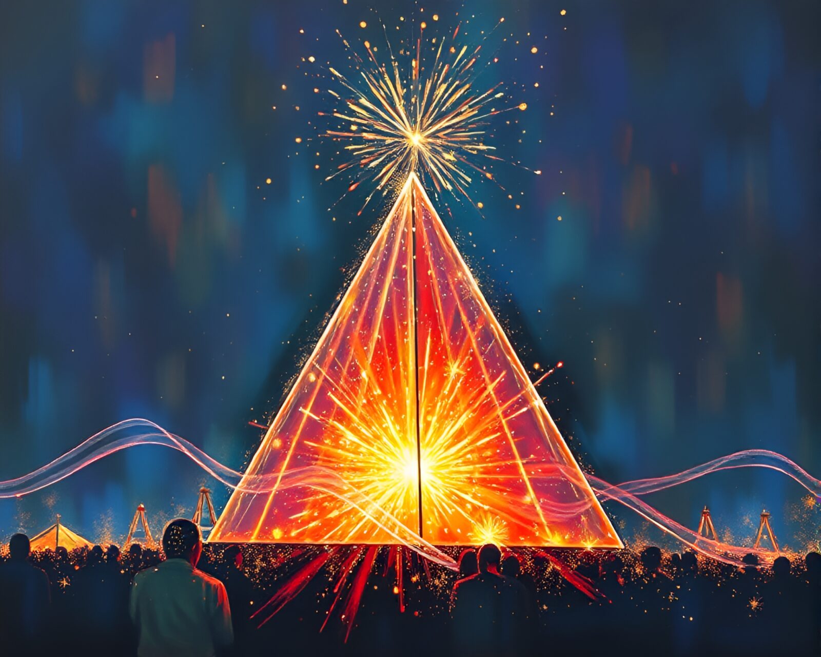 Tempera painting of glass pyramid glowing amidst festival fireworks