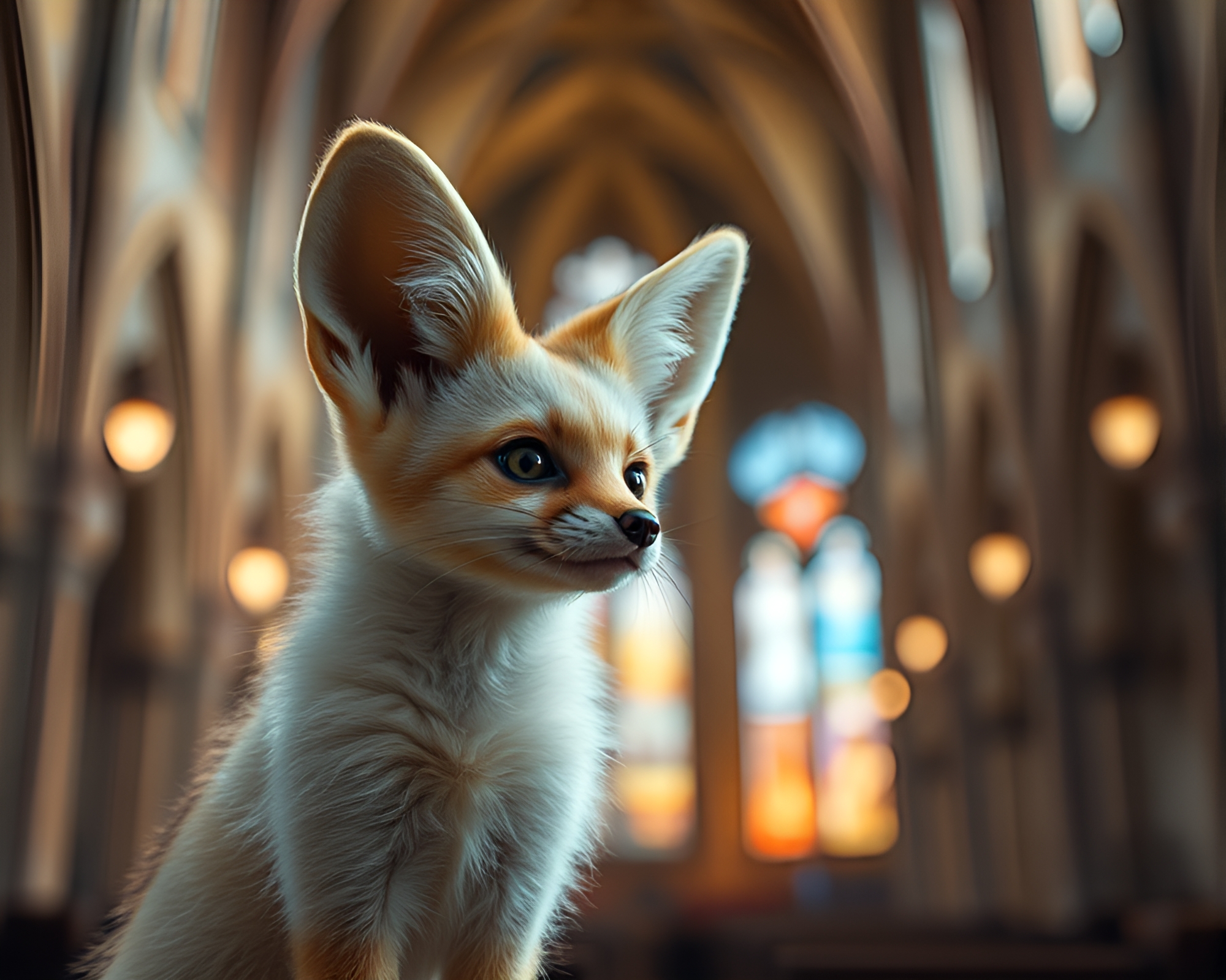 Dreamy Grunge Fennec Fox in Stained Light Cathedral – free AI stock image
