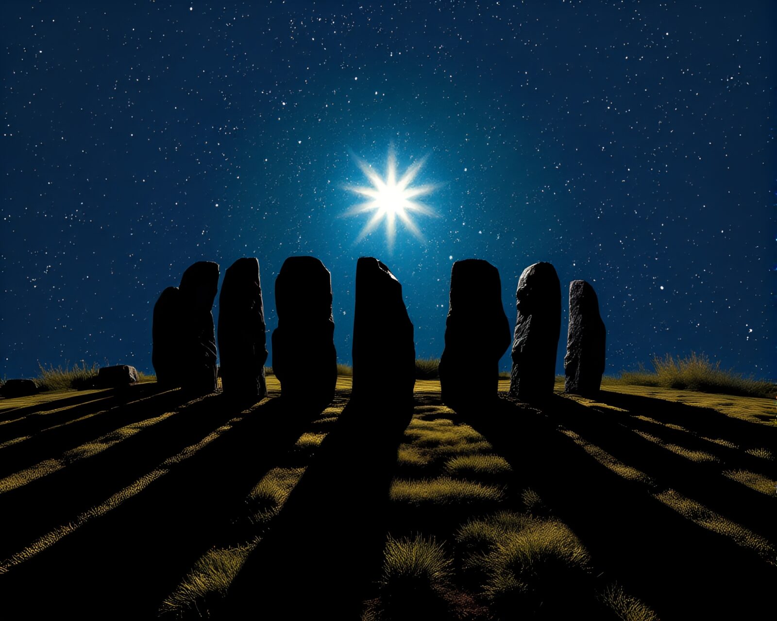 Colorful pop art stone circle under starlit sky