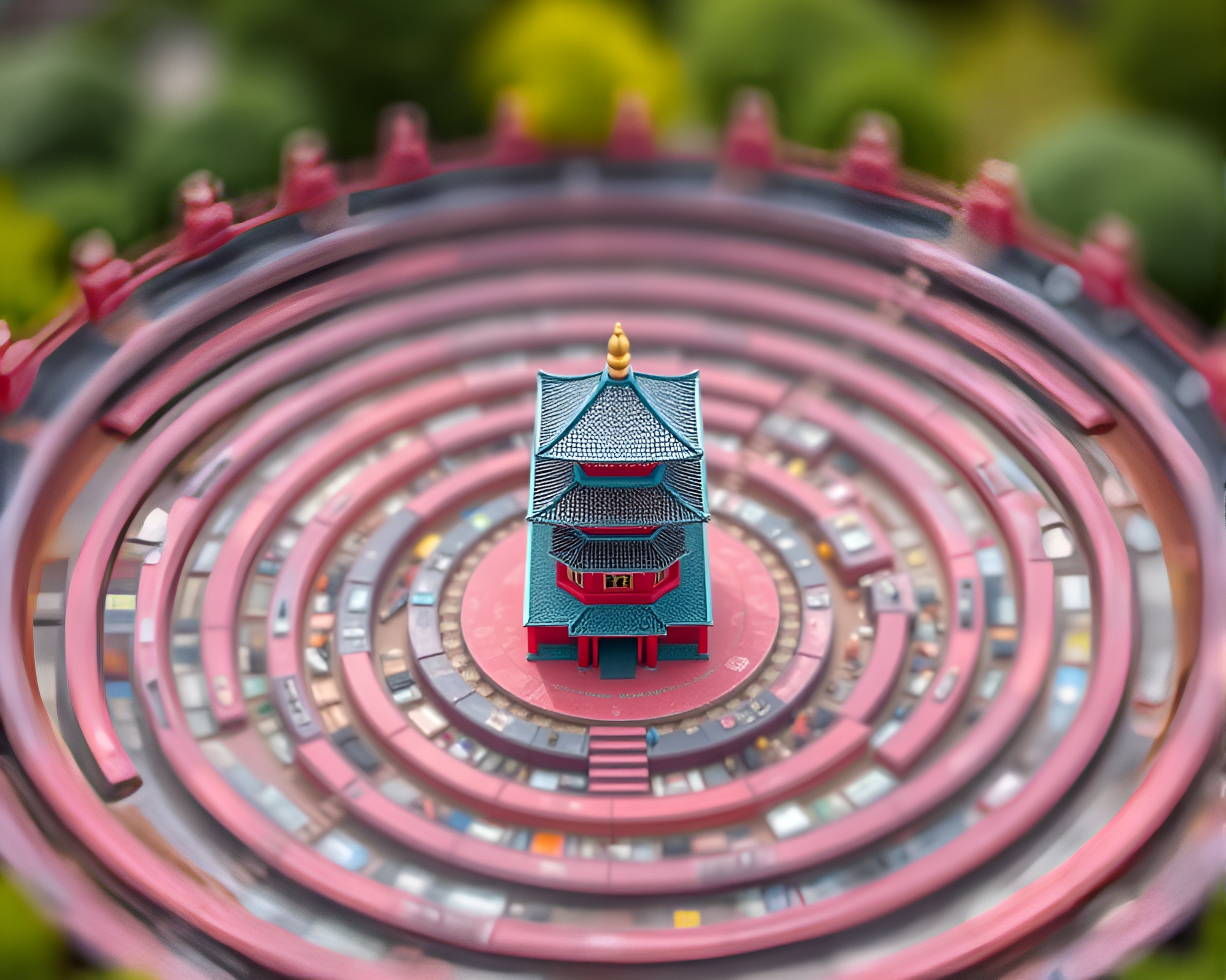 Magenta Pagoda in Miniature Tilt-Shift World – free AI stock image