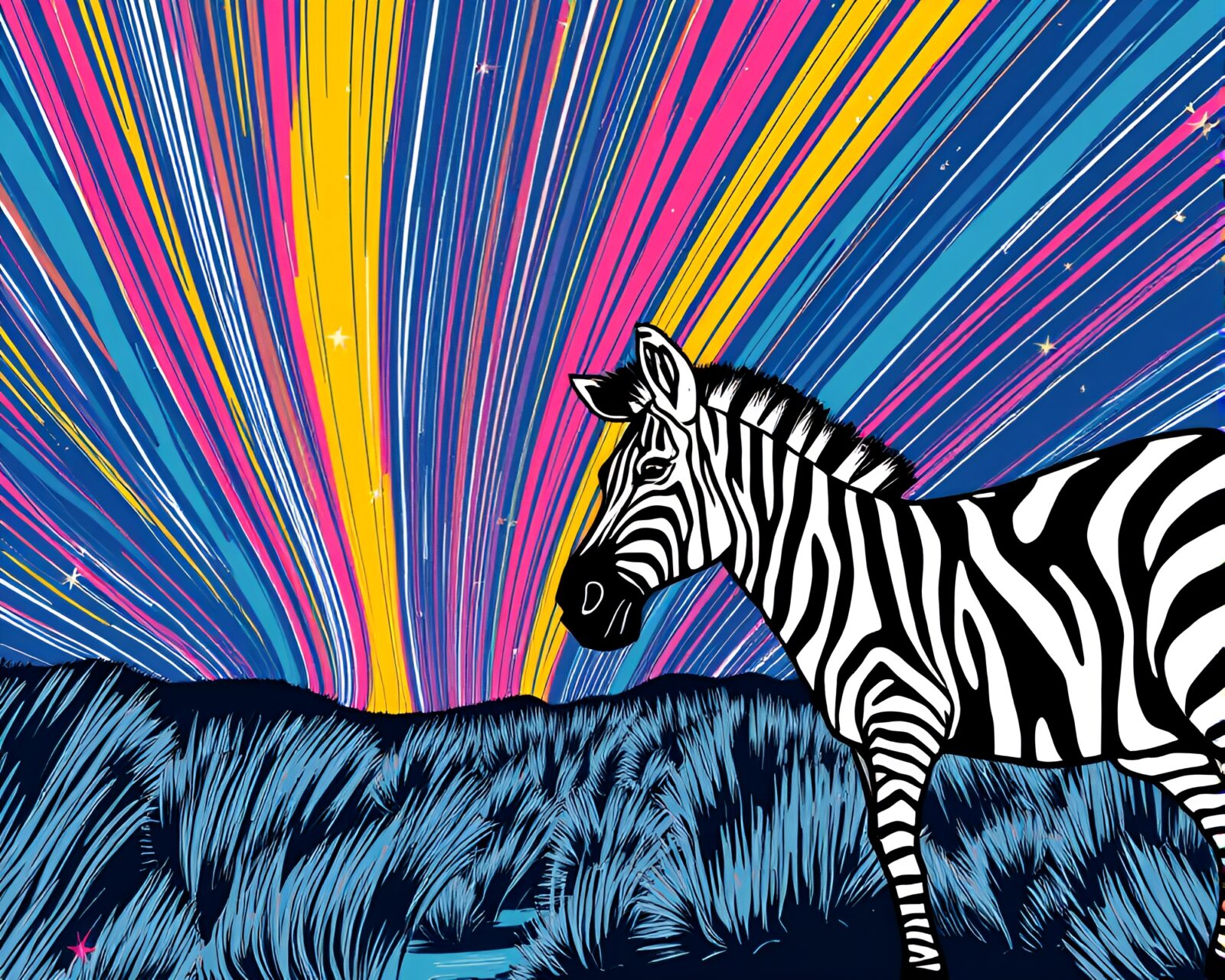 Colorful manga zebra under bright star trails, graffiti background
