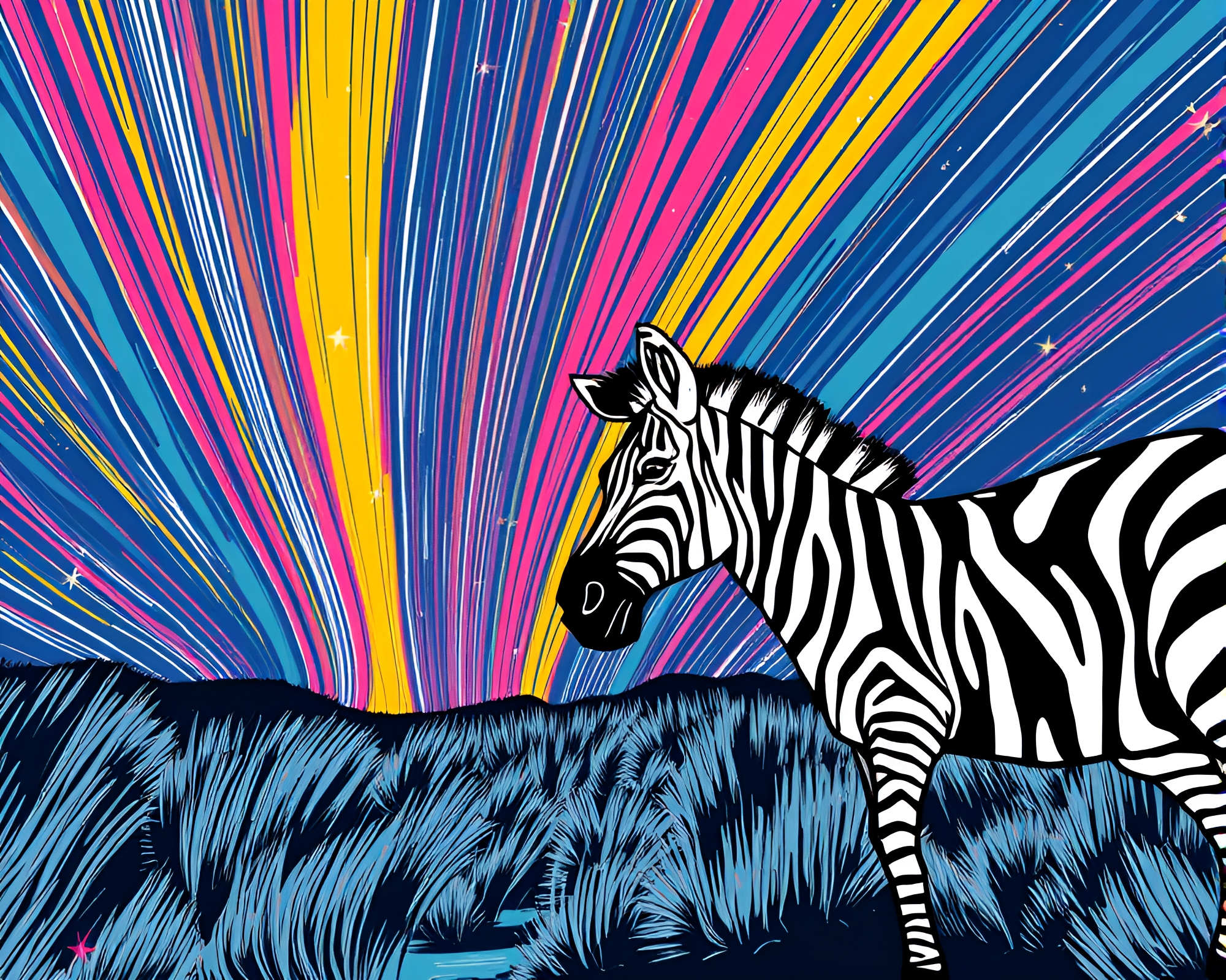 Graffiti Zebra Under Manga Star Trails – free AI stock image