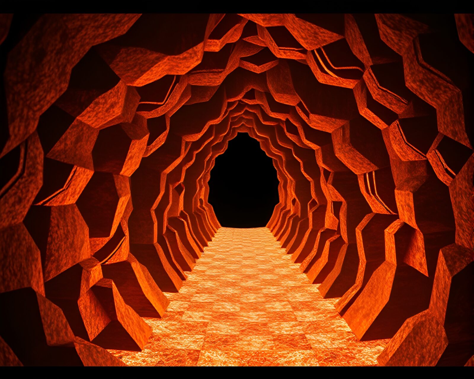 Eerie holographic cave entrance with M.C. Escher tessellation