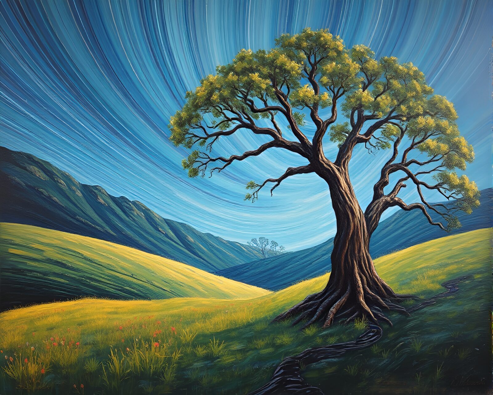 Vibrant oil painting of ancient tree with leading lines
