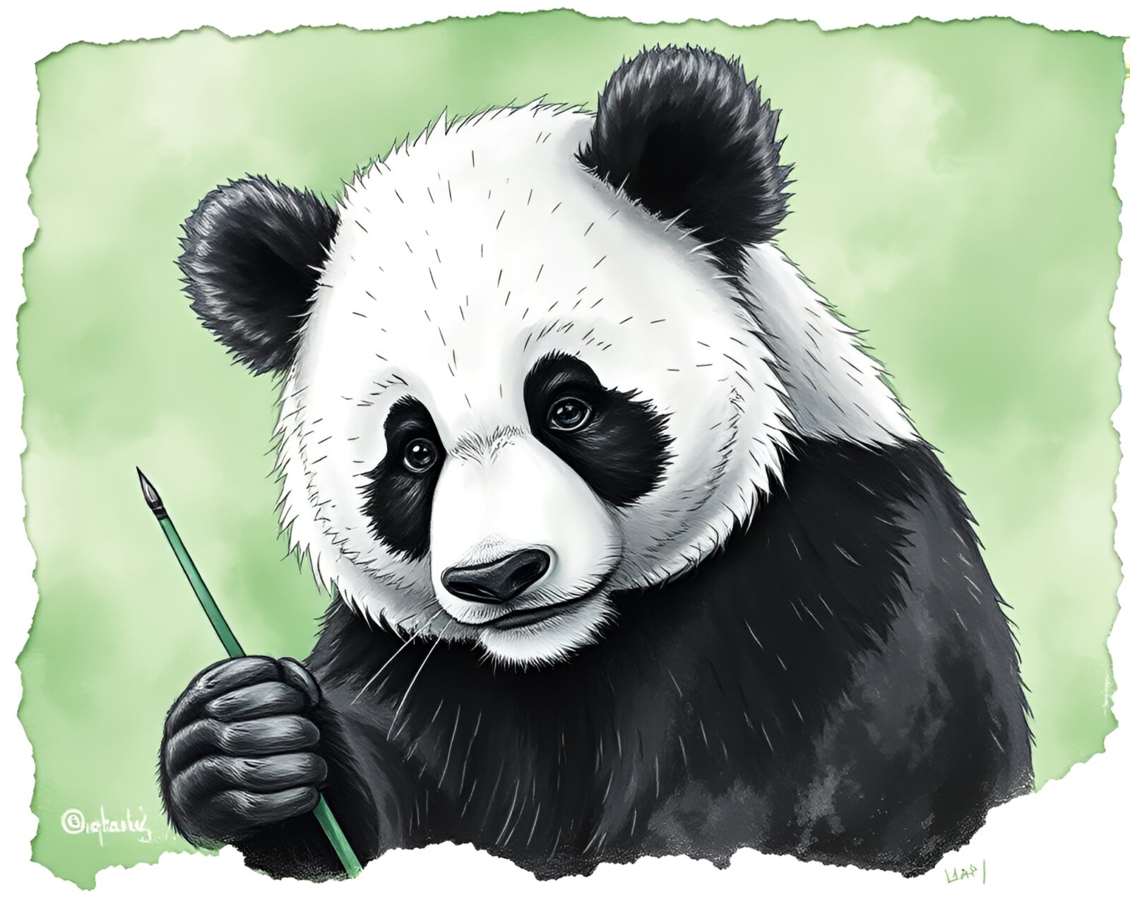 A serene panda surrounded by soft monochrome green tones
