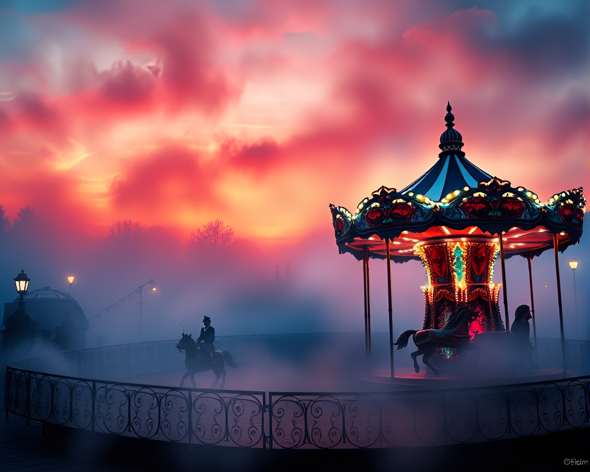 Carnival Carousel Mural in Stained Glass Dawn Mist – free AI stock image