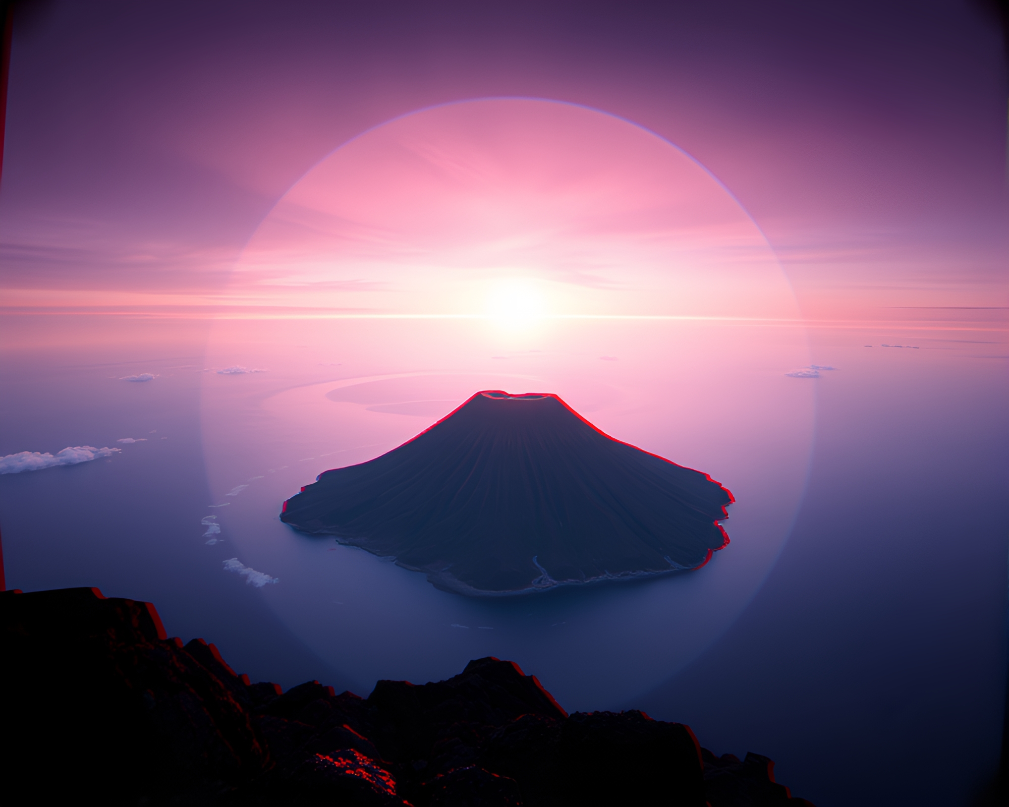 Volcanic Island in Anaglyph 3D Circular Frame – free AI stock image
