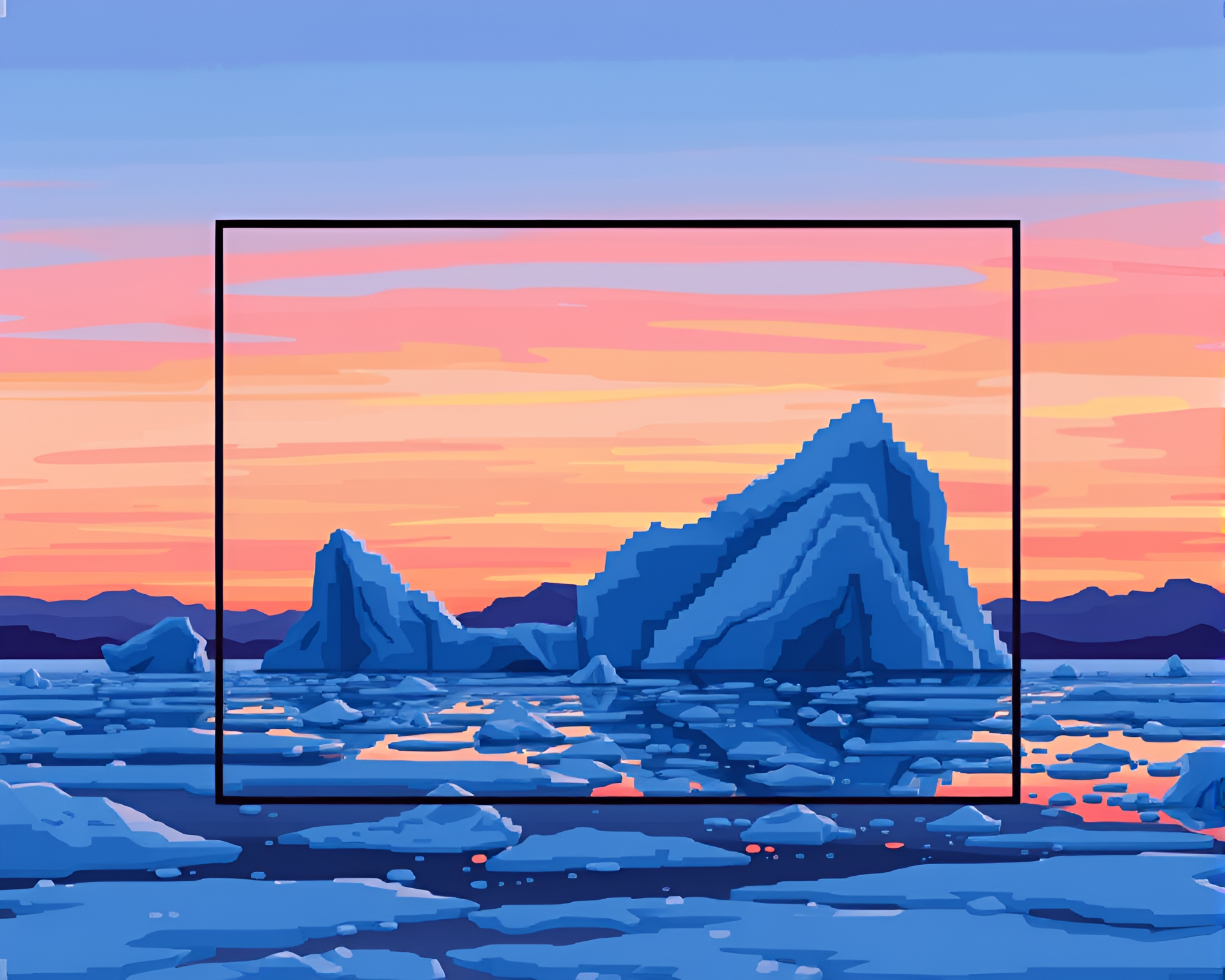 Arctic Iceberg Pixel Art Desert Sunset Composition – free AI stock image