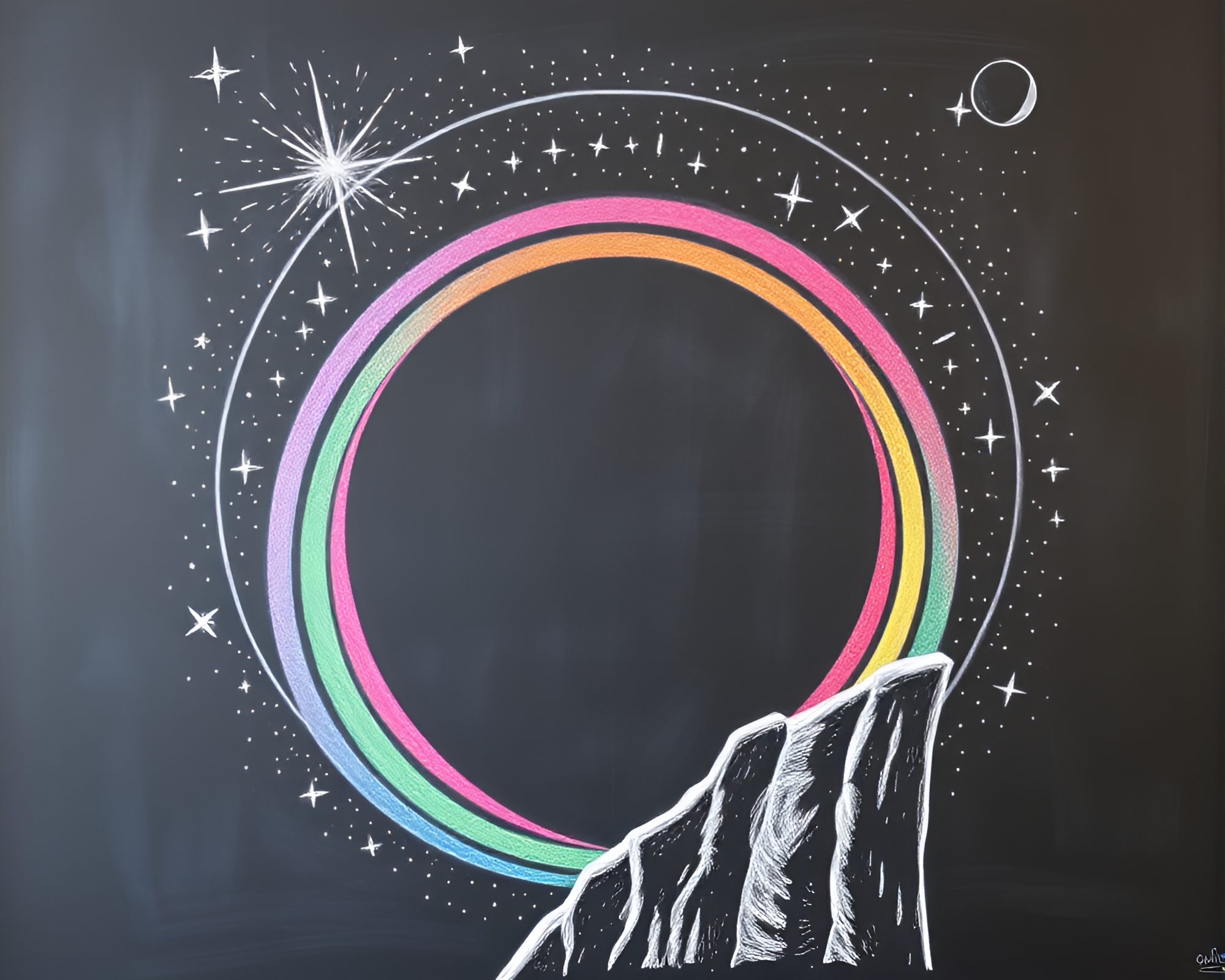 Cosmic Rainbow Cliff Portal Chalkboard Drawing – free AI stock image