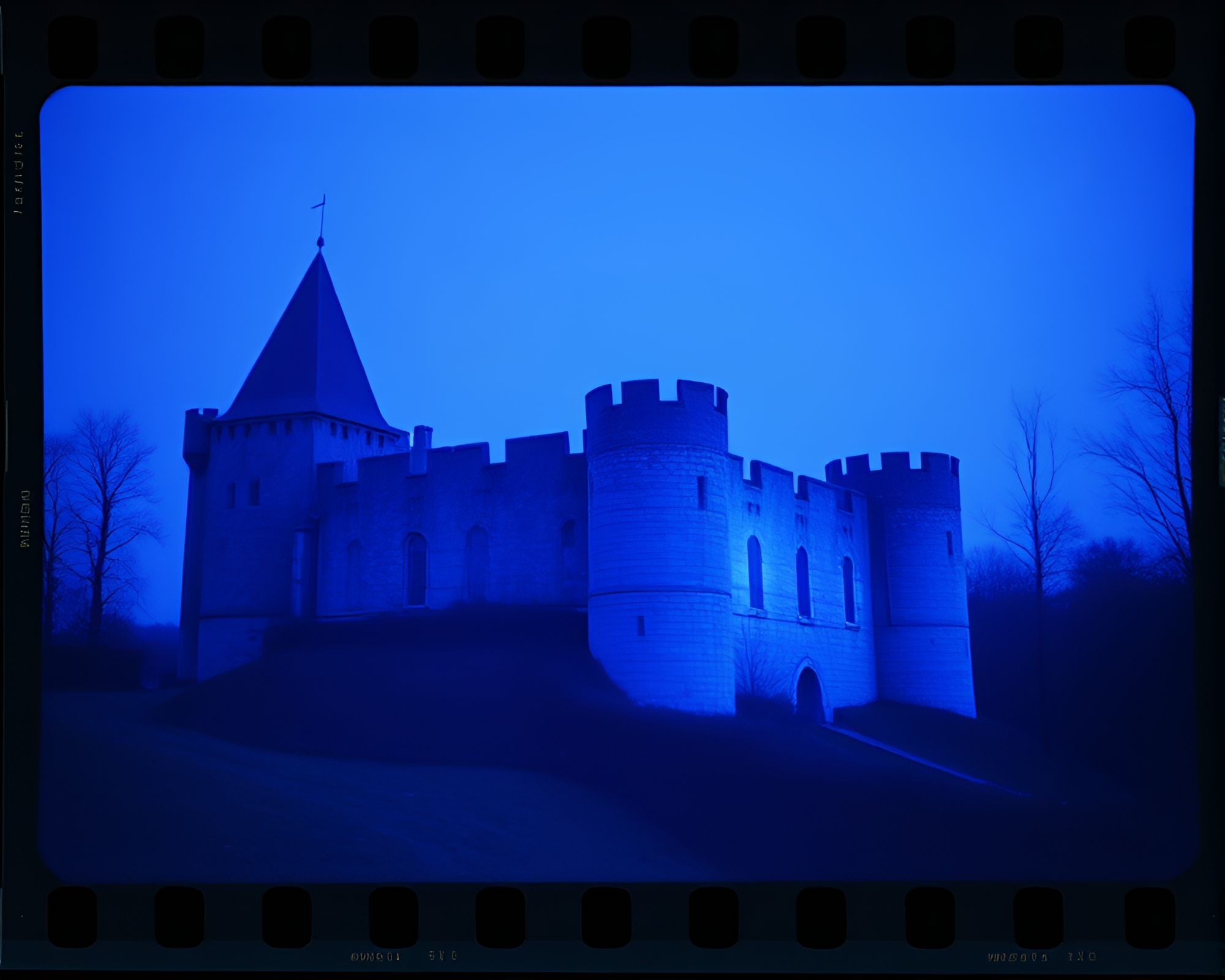 Vintage Castle Film Reel in Monochrome Blue – free AI stock image