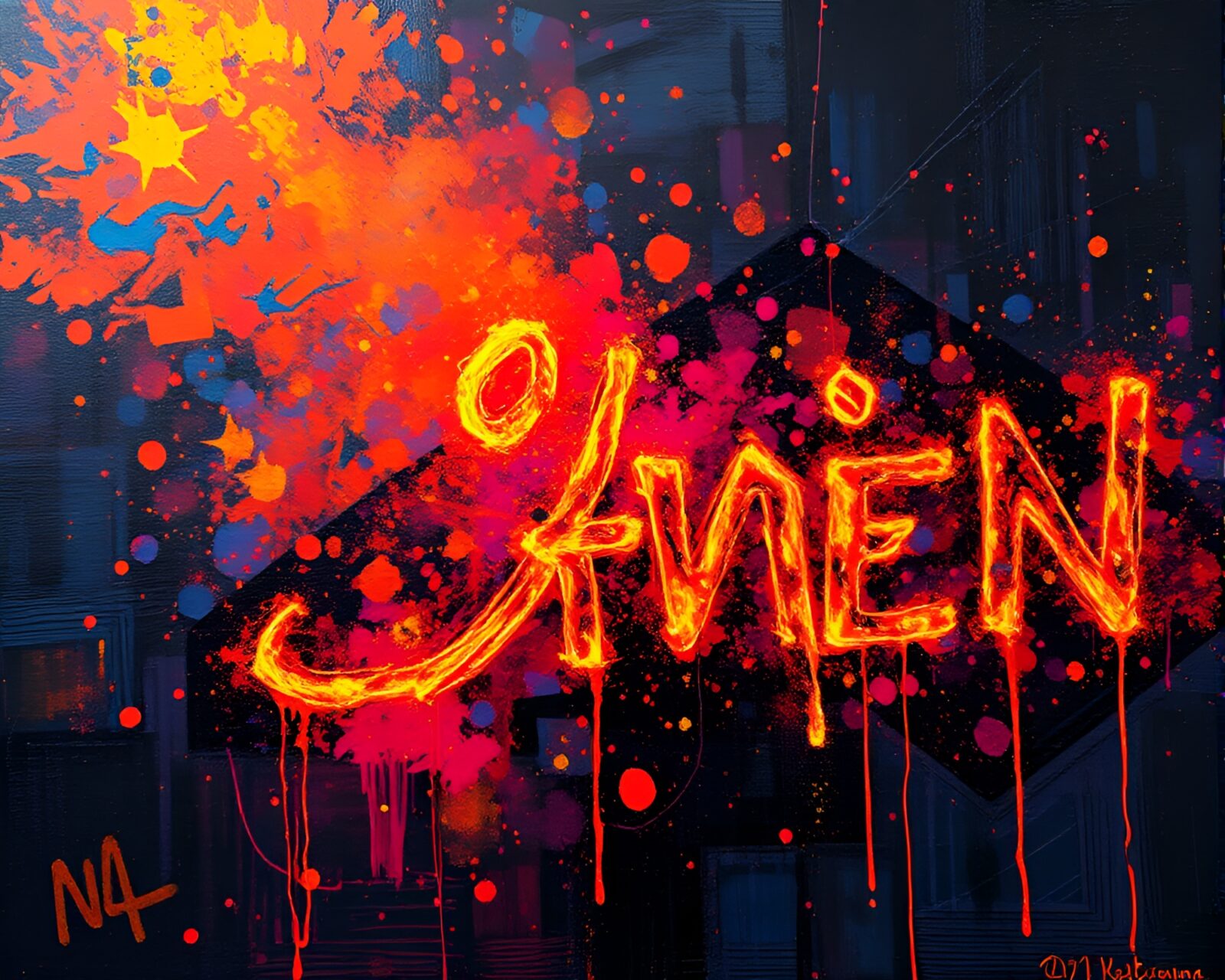 Abstract cityscape with glowing graffiti and floating embers