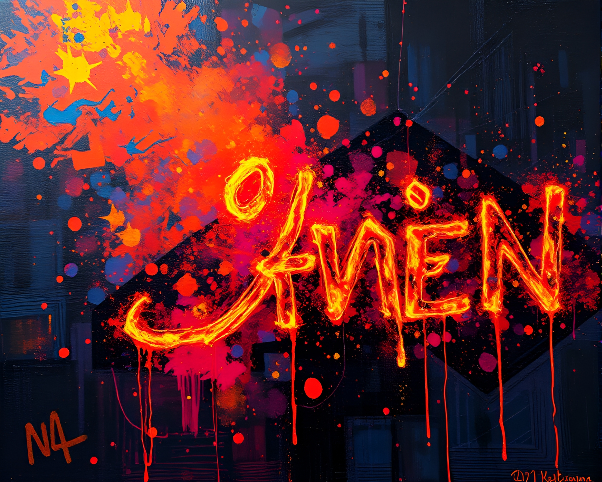Neon Graffiti City: Digital Embers Palette Knife Painting – free AI stock image