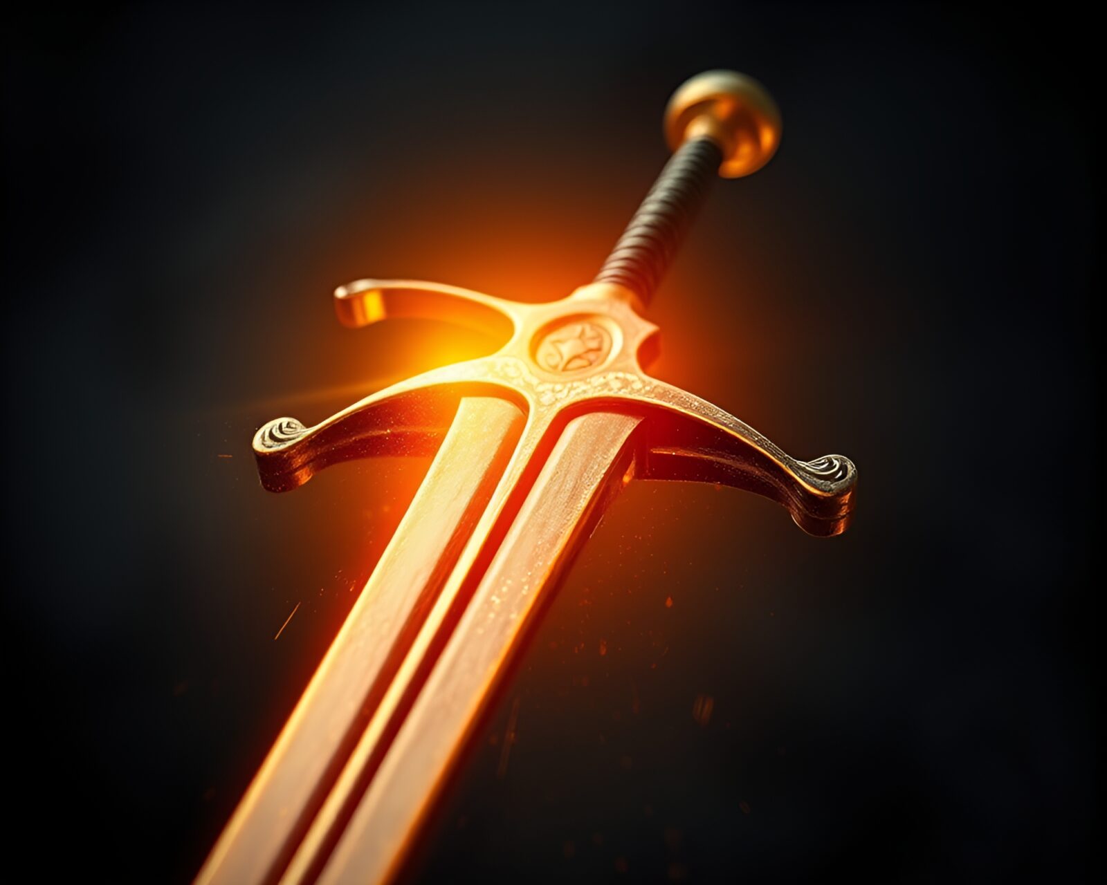 Golden hour light illuminating detailed sword on chalkboard