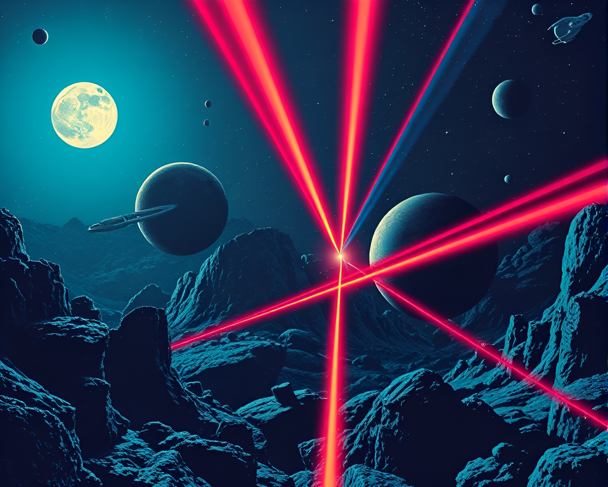 Neon Space Colony under Moonlit Laser Skies – free AI stock image