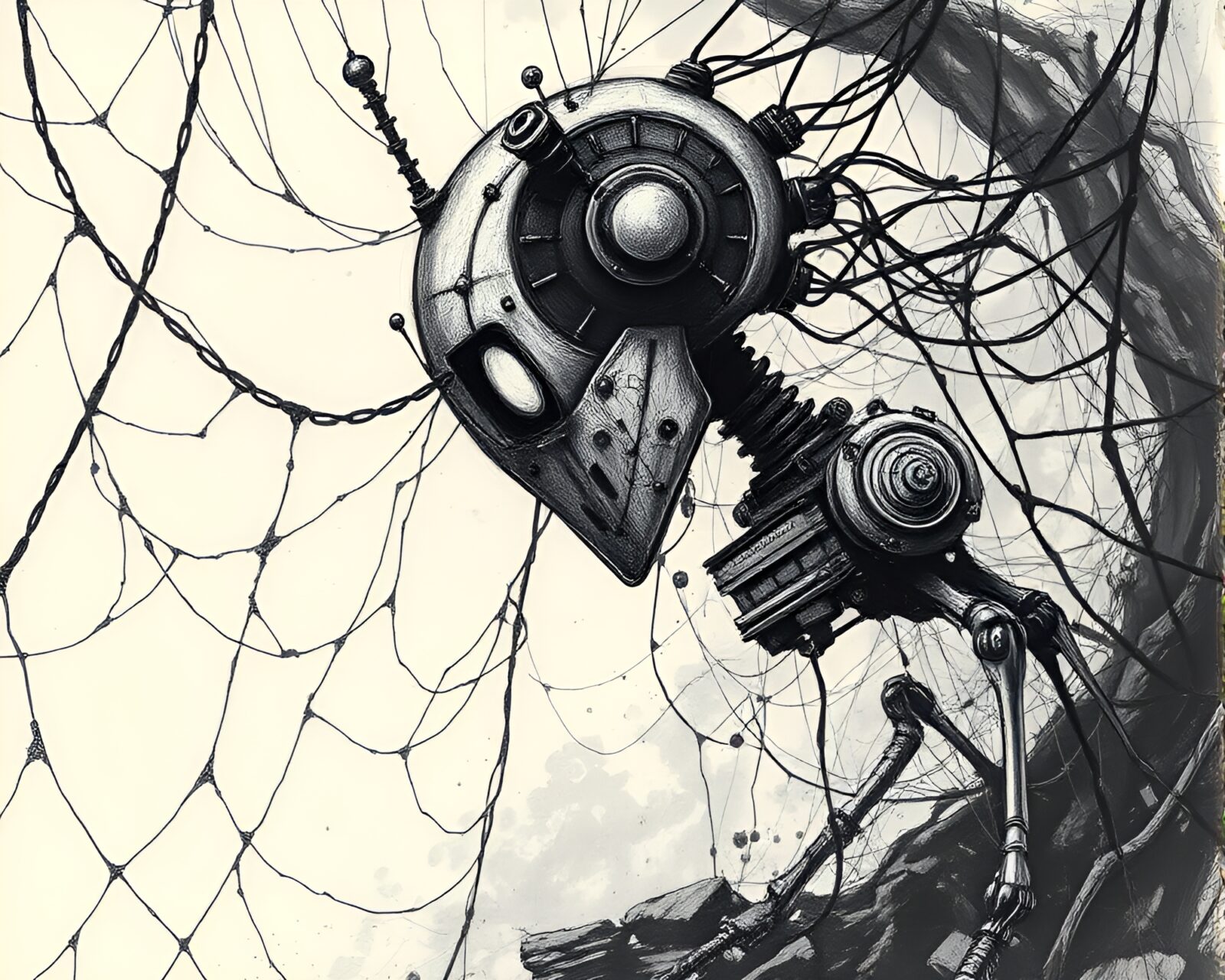 Charcoal sketch of a curious steampunk robot in indigo-lit cobweb-filled area