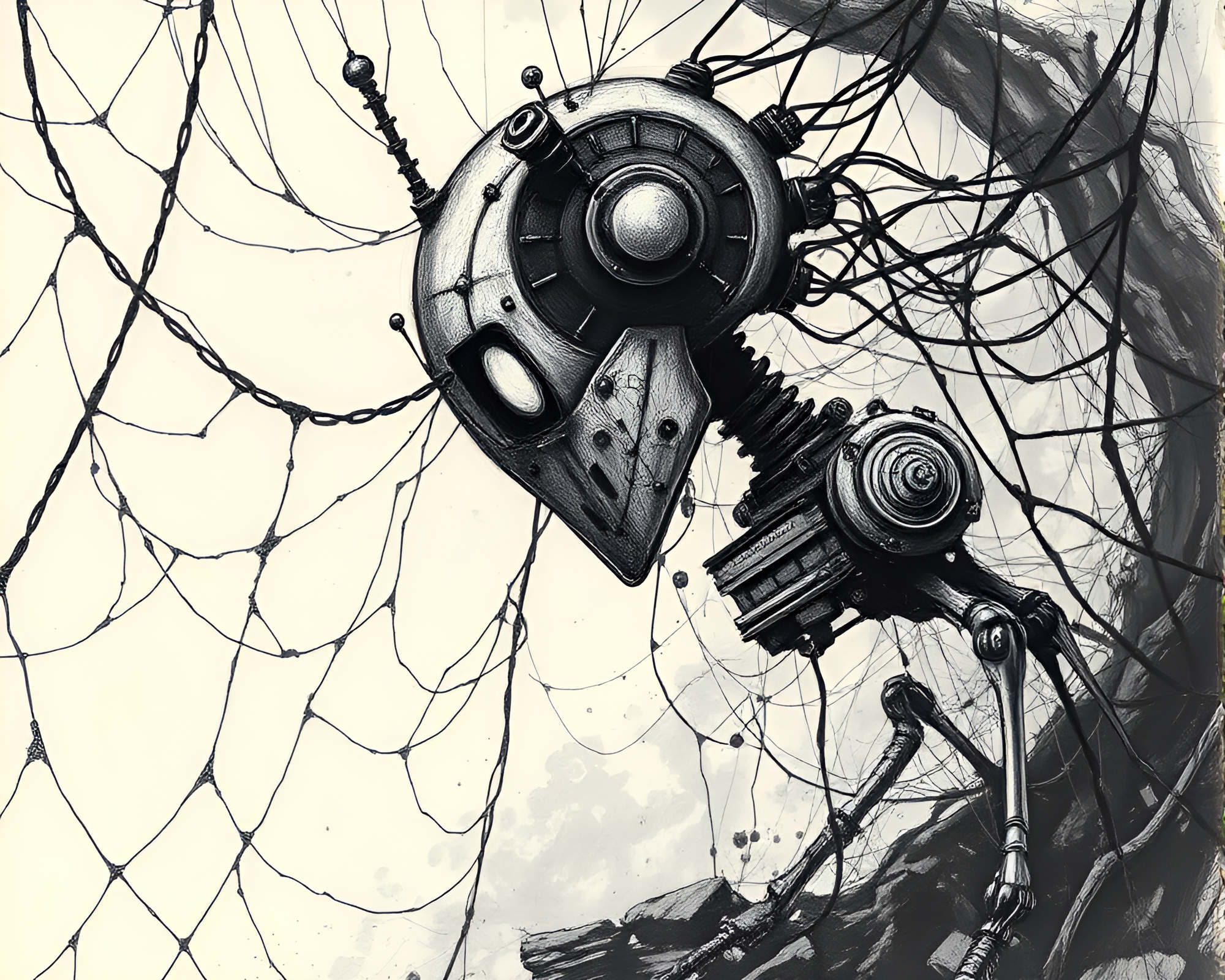 Steampunk Robot Discovering Indigo Cobweb Mysteries – free AI stock image