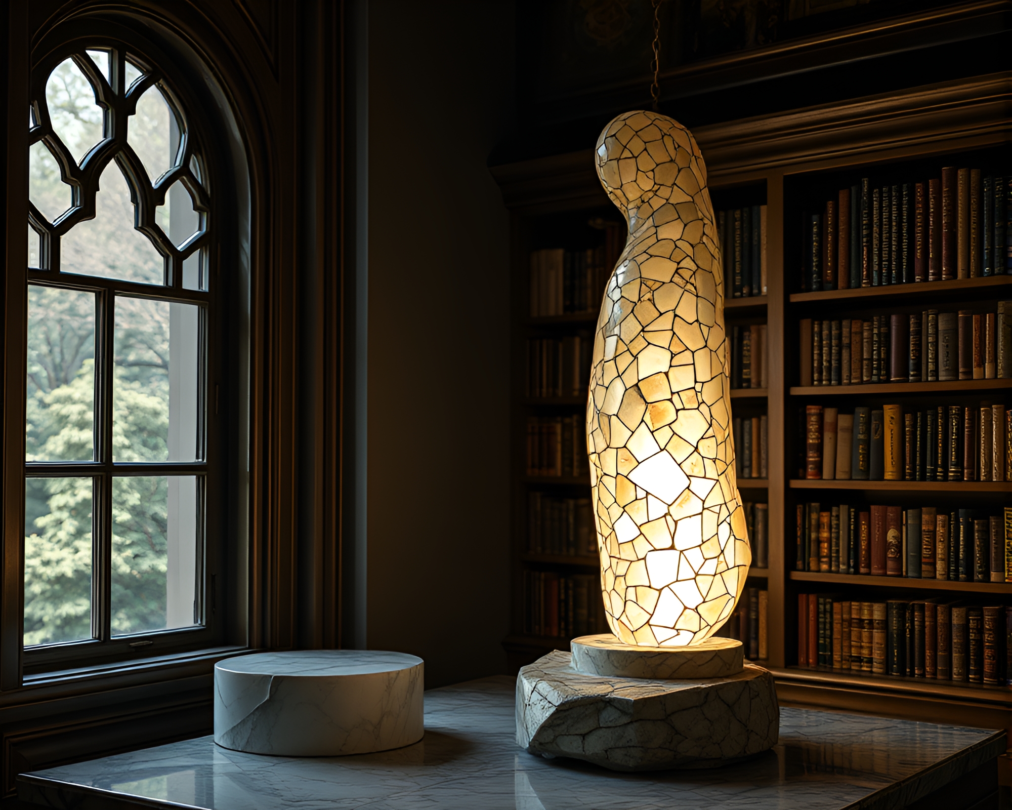 Fragmented Marble Sculpture Illuminated by Library Lamp Light – free AI stock image