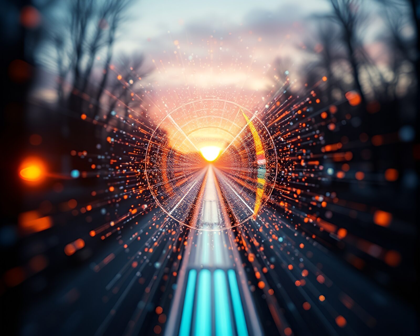 Close-up view of futuristic particle simulation device at dusk