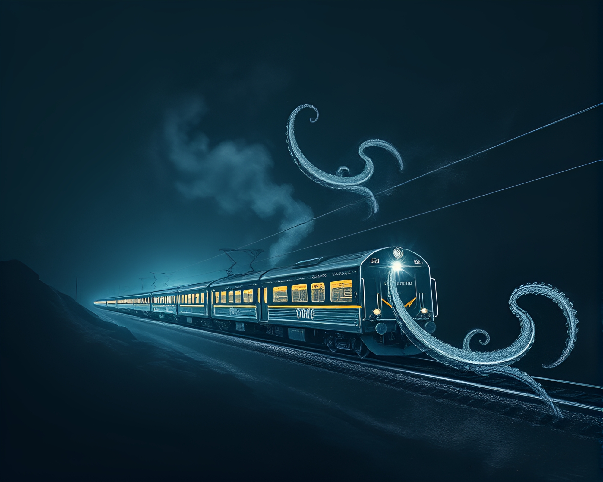 Glowing Octopus Train Light Trails Artwork – free AI stock image