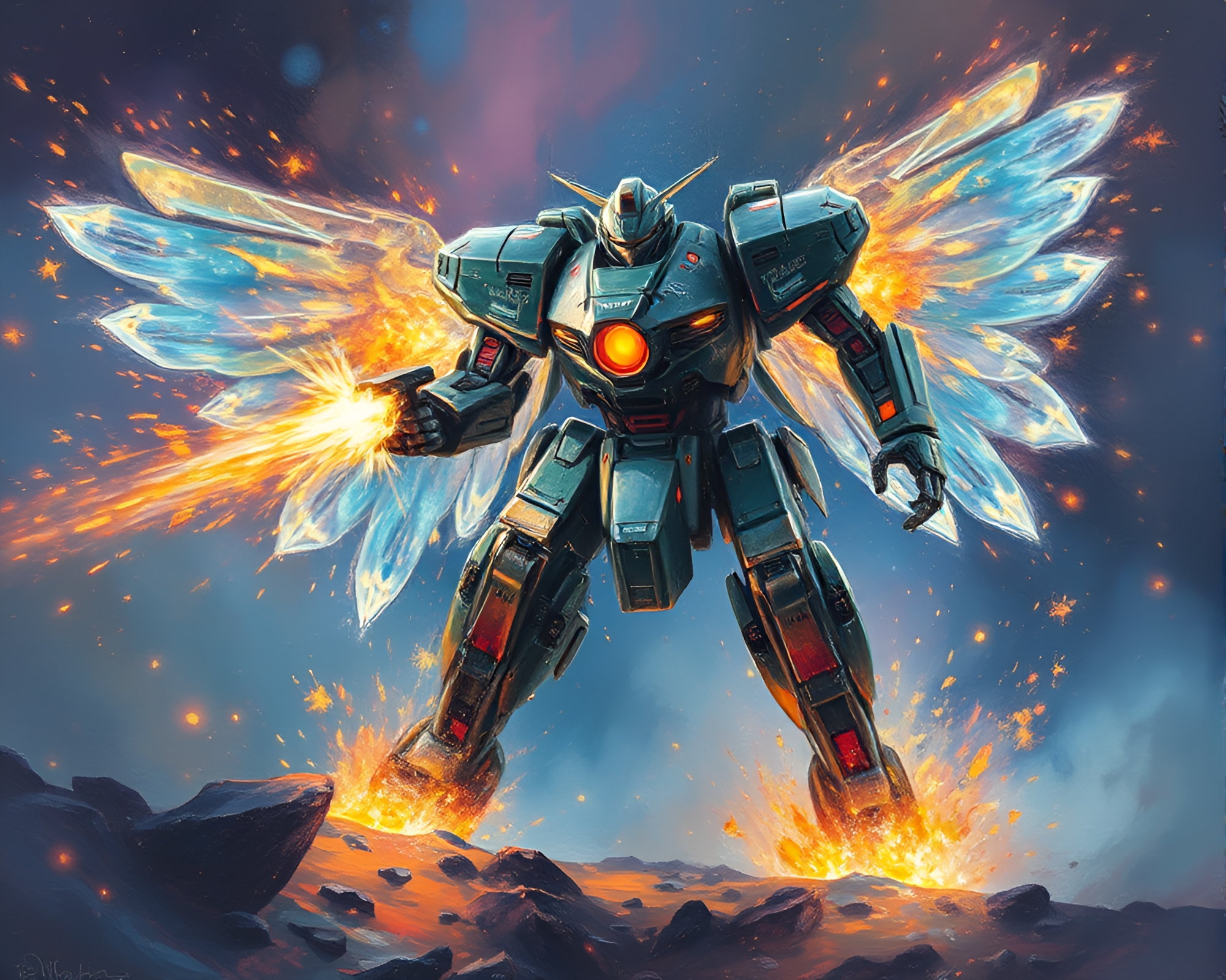 Ethereal Battle Mech amidst Floating Embers – free AI stock image