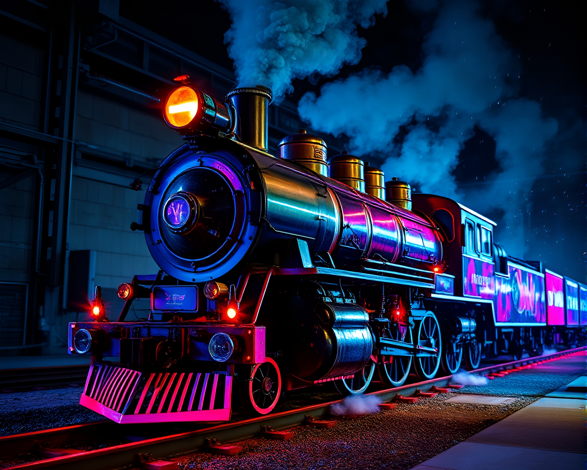 Steam locomotive hologram specks in neon graffiti light – free AI stock image