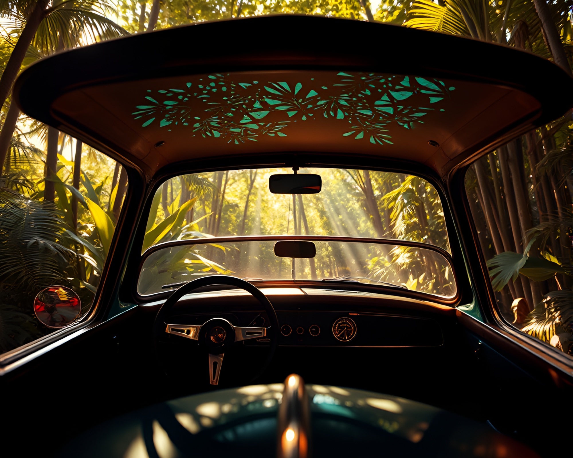 Vintage Car Prism Refraction in Jungle Canopy Shade – free AI stock image