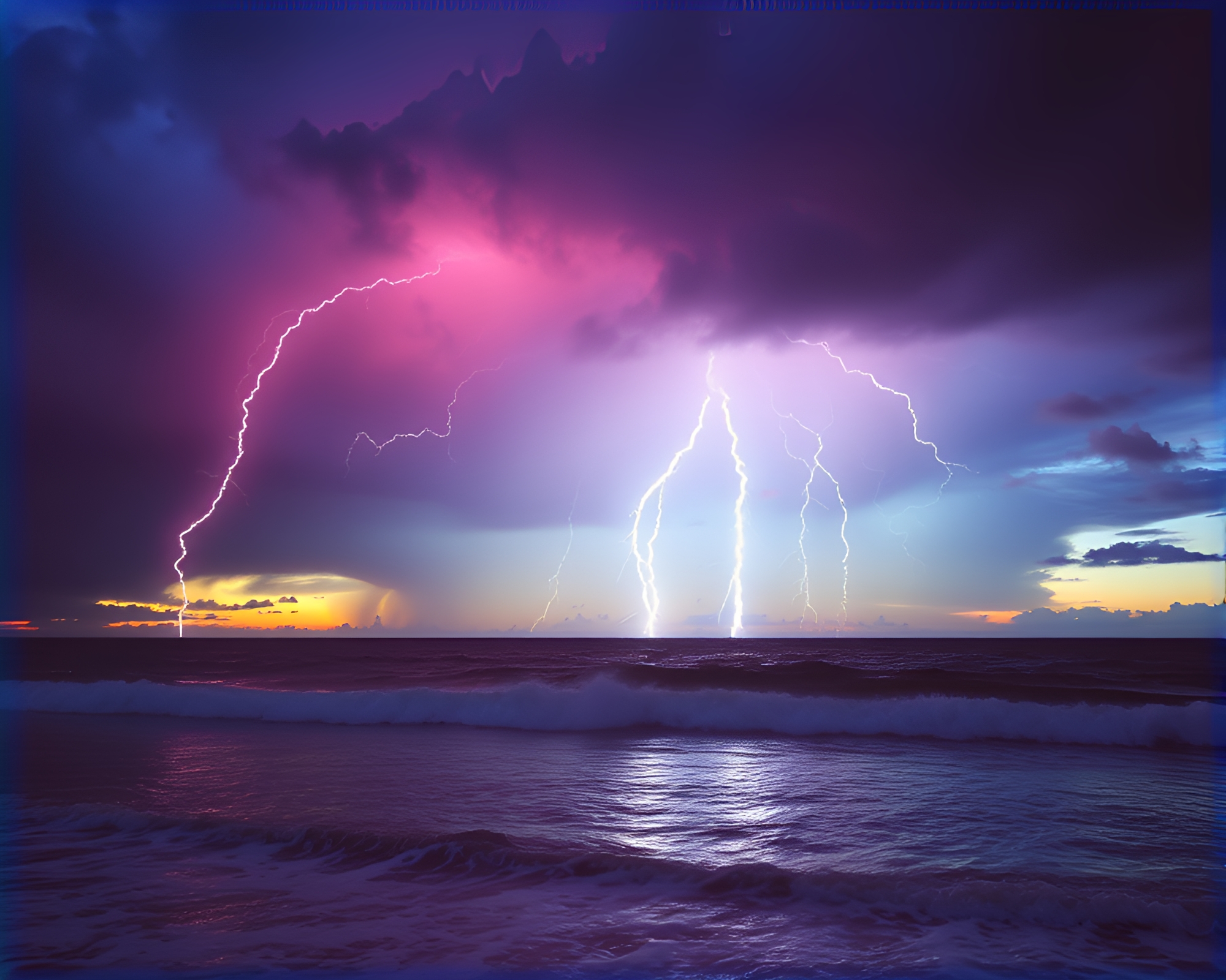 Kinetic Thunderstorm Film Burn at Ocean Sunset – free AI stock image
