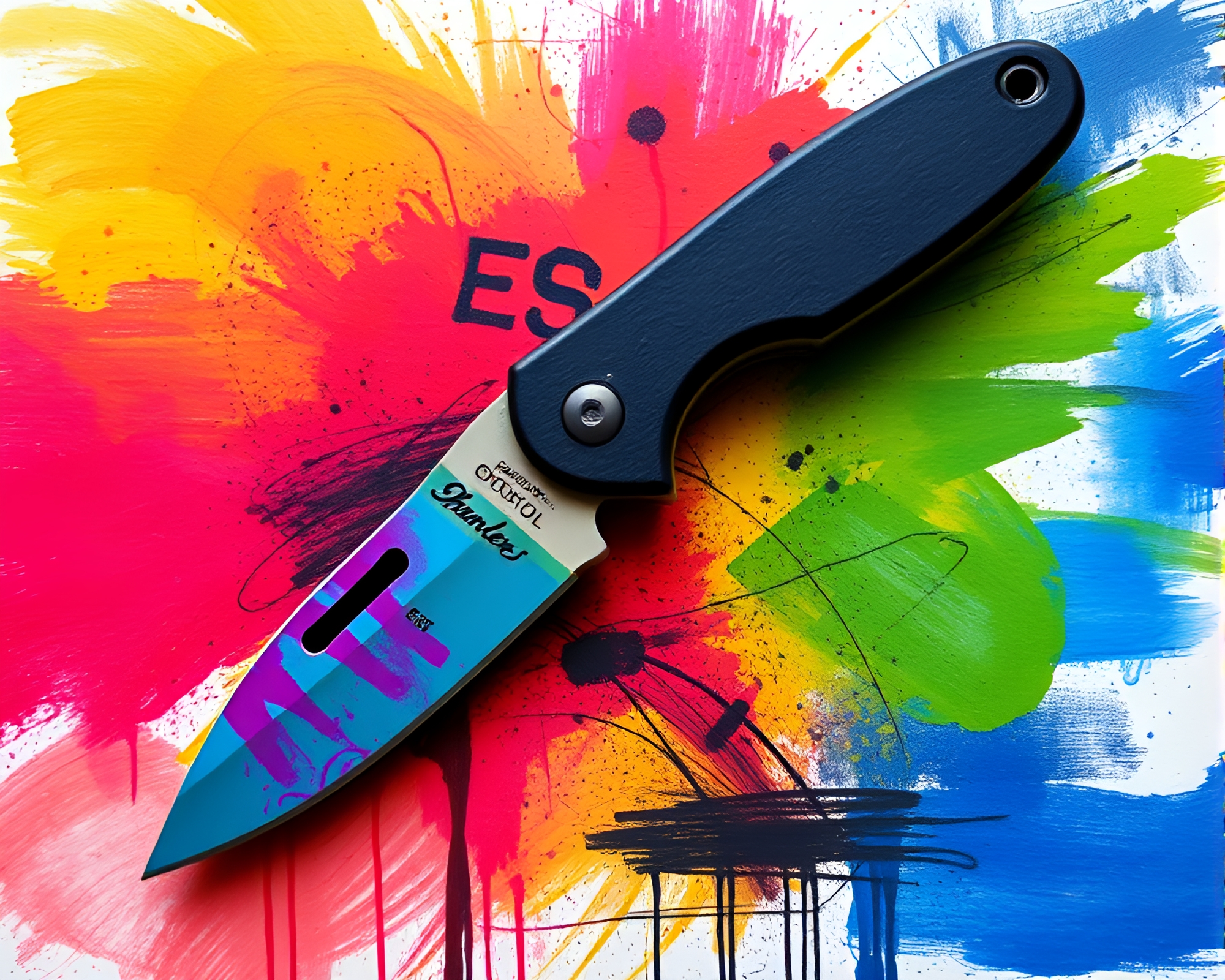Rainbow Spectrum Charm: Rusty Pocketknife Graffiti Art – free AI stock image
