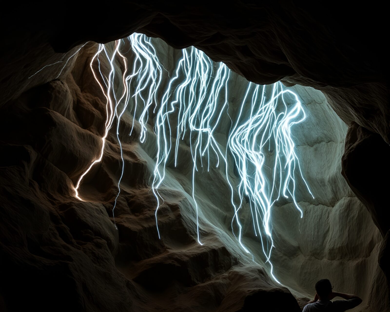 Softly lit glacial cave with chalk scribbles glowing