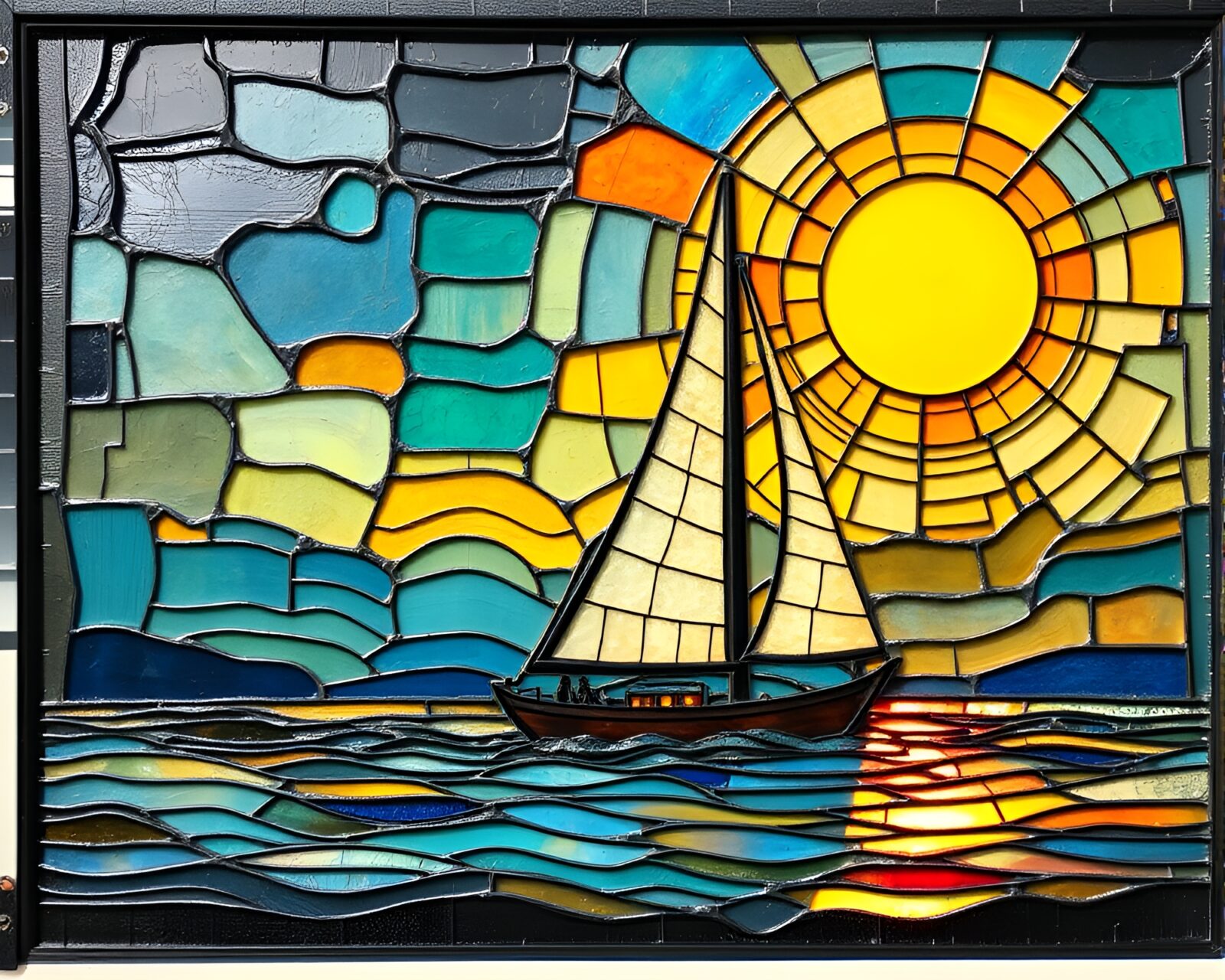 Colorful polaroid-style image of a sailboat with impasto ridges