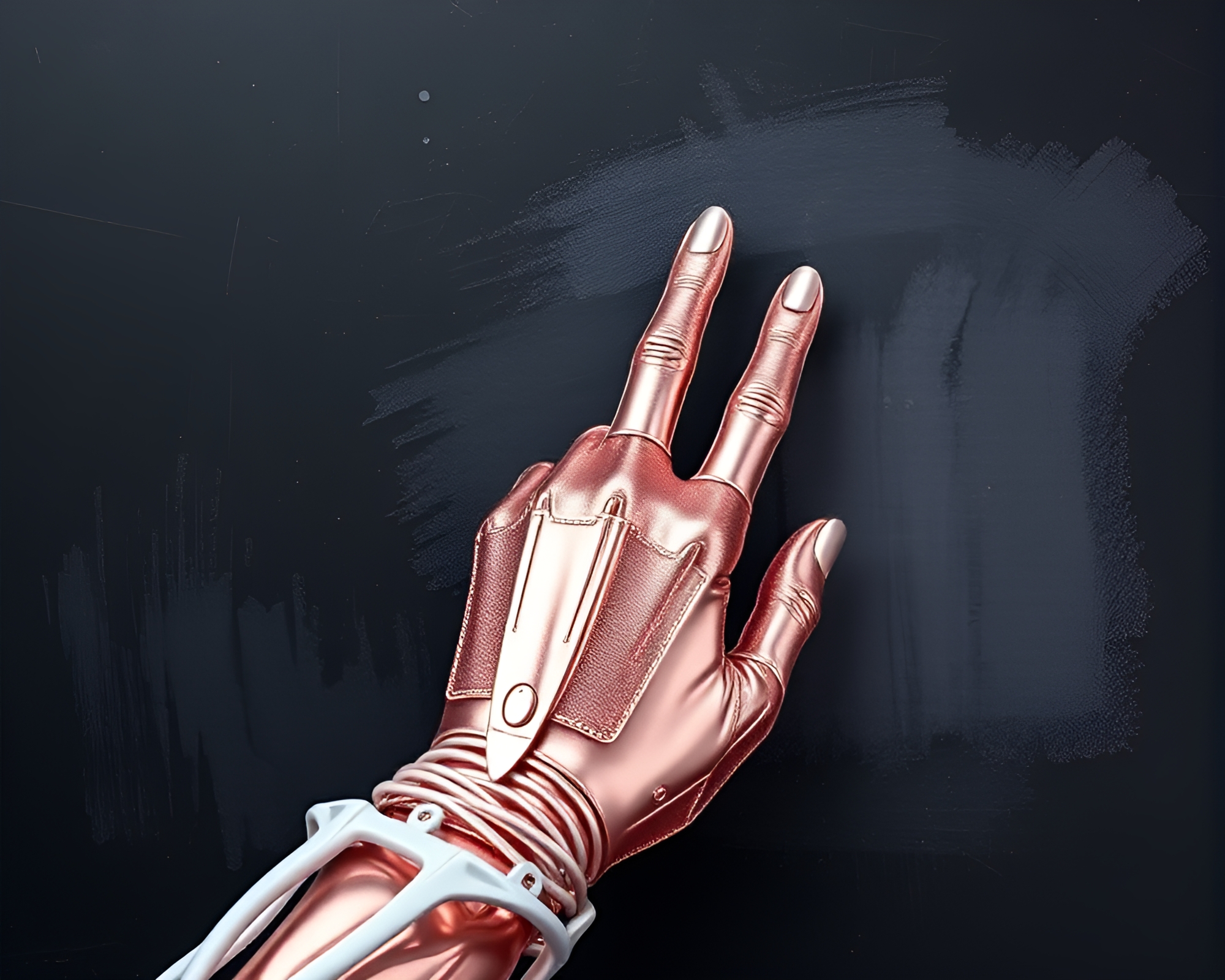 Futuristic Cybernetic Hand on Rose Gold Gradient Mesh Background – free AI stock image