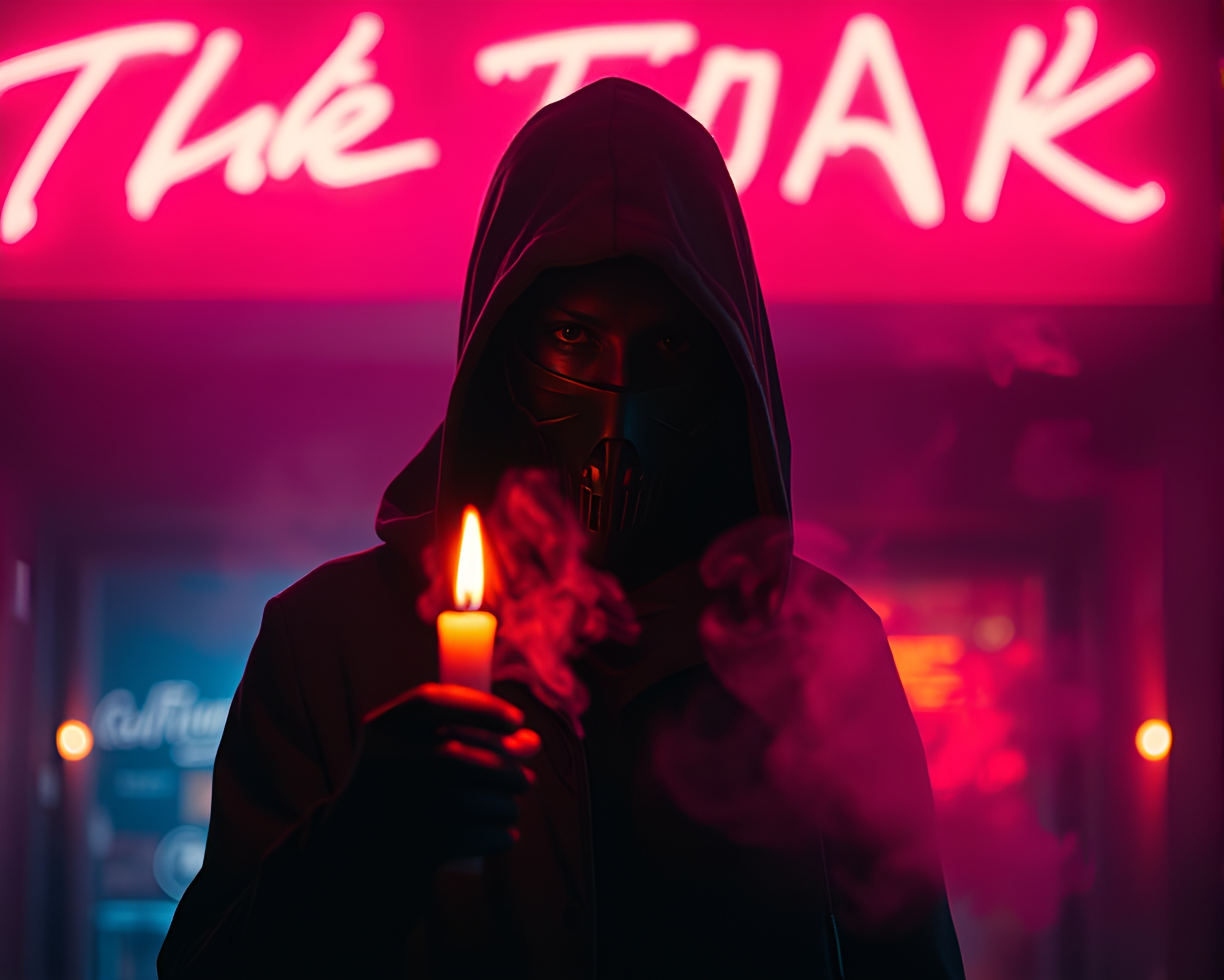 Cyberpunk Vigilante in Candle Smoke Alley – free AI stock image