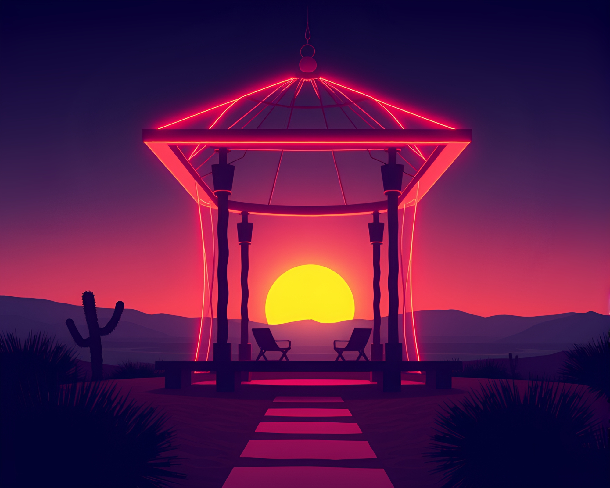 Neon Wireframe Floating Pavilion at Desert Sunset – free AI stock image