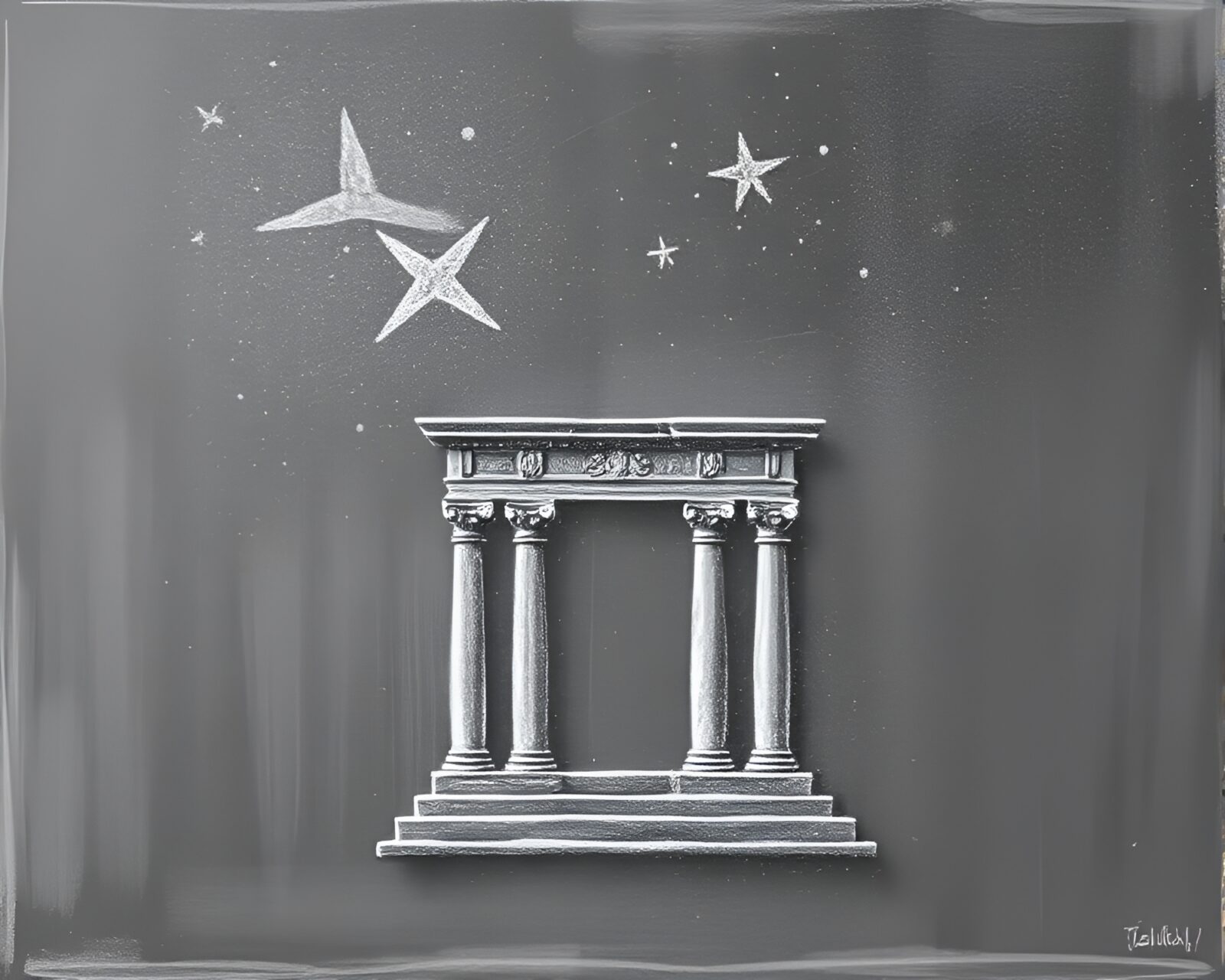 Enchanting temple scene with ethereal shimmering stardust and intricate chalk scrawls