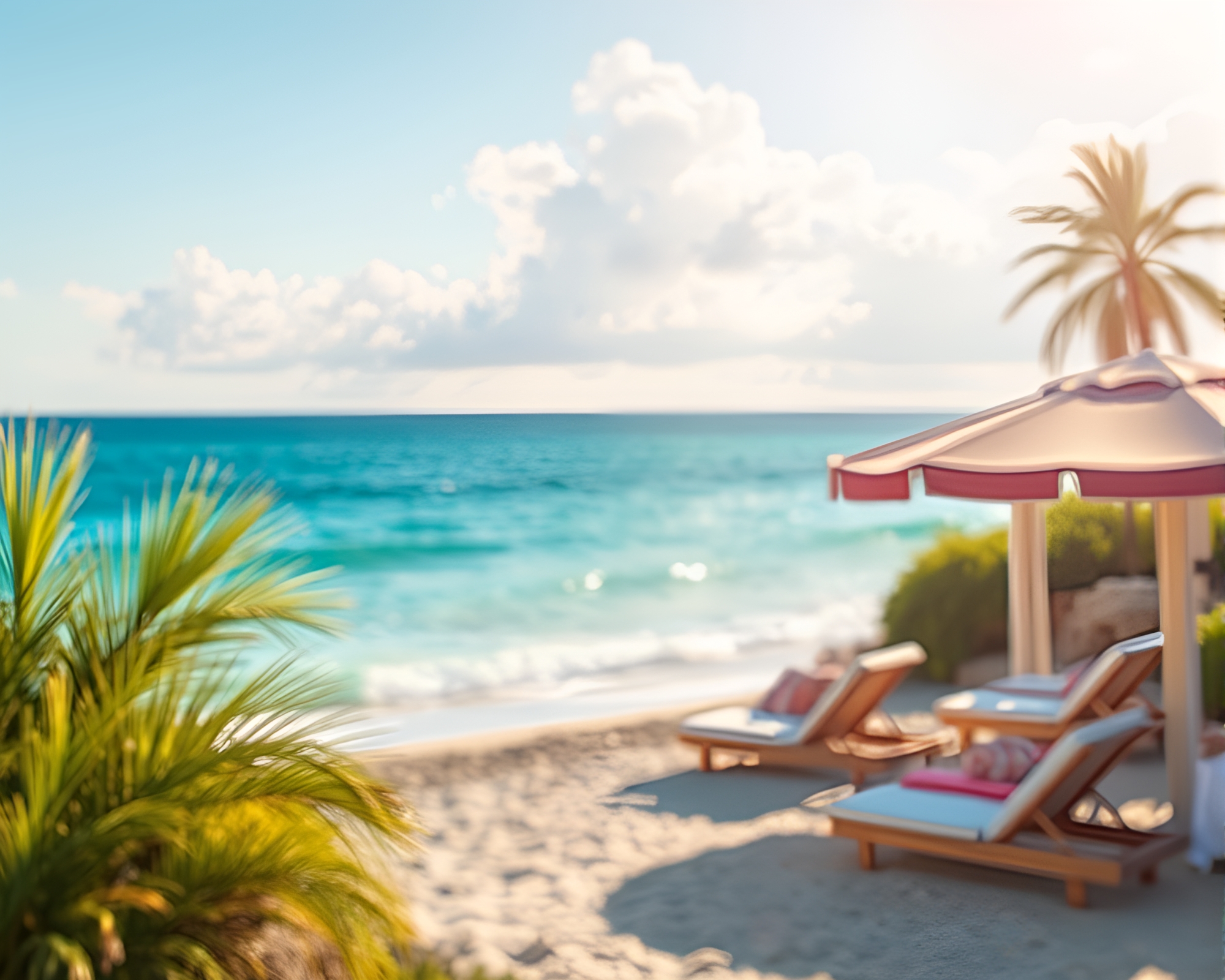 Glistening Beach Sunset with Cel-Shaded Palm Trees – free AI stock image