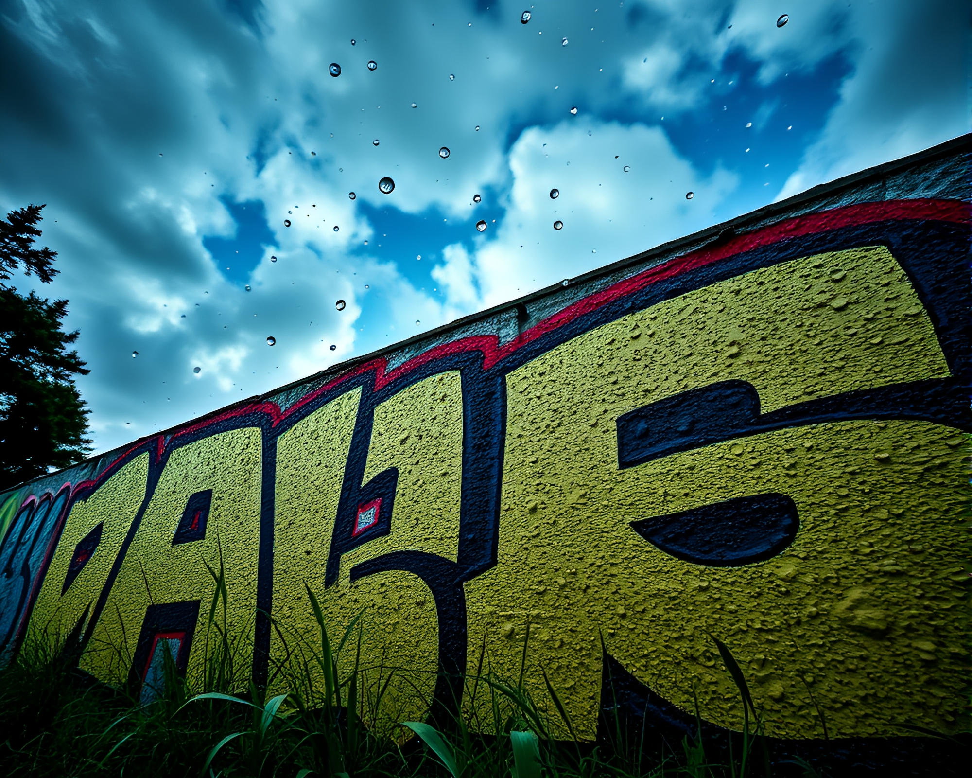 Sky Garden Graffiti: Water Droplets Masterpiece – free AI stock image