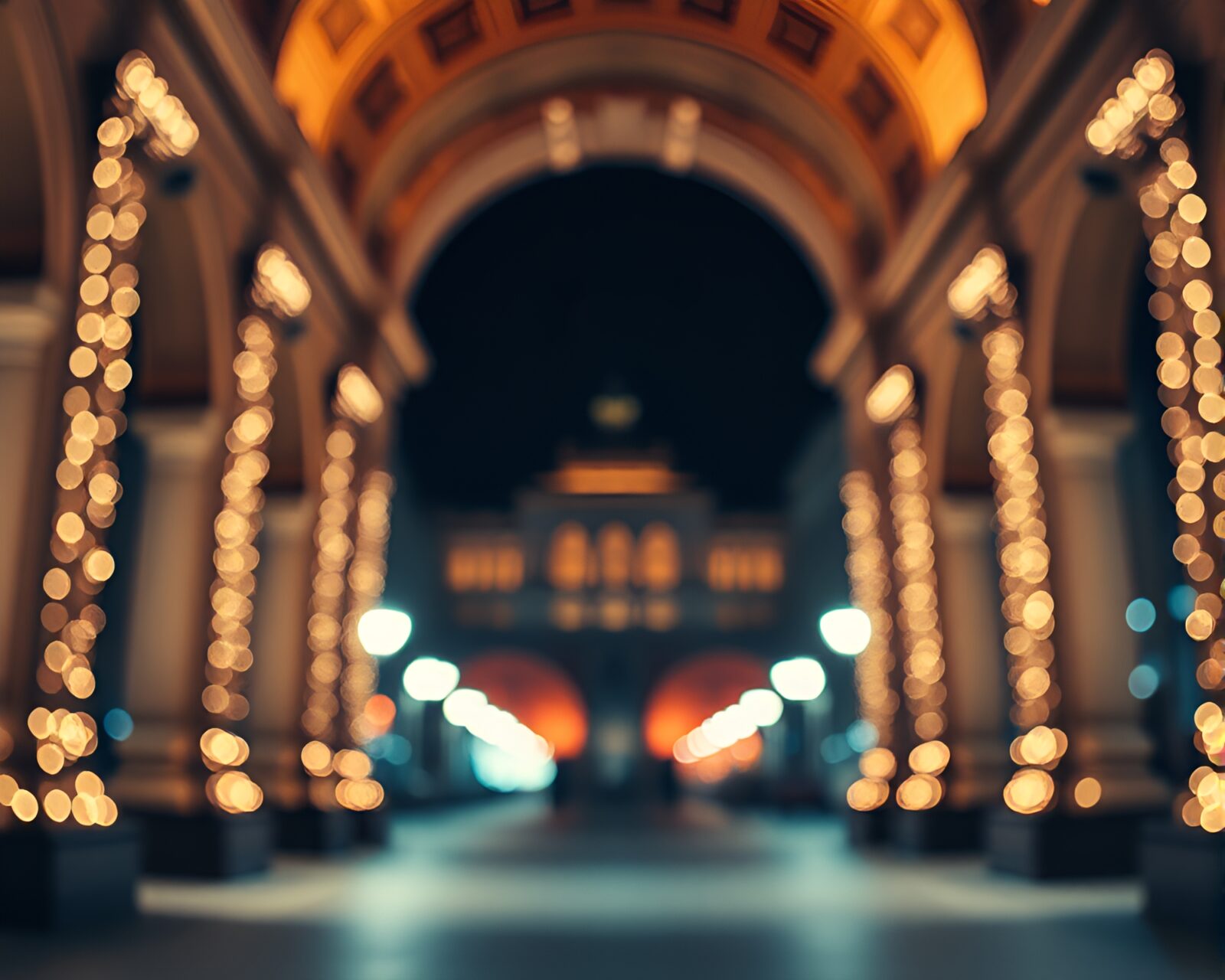 Futuristic knight with glowing sword in urban bokeh lights