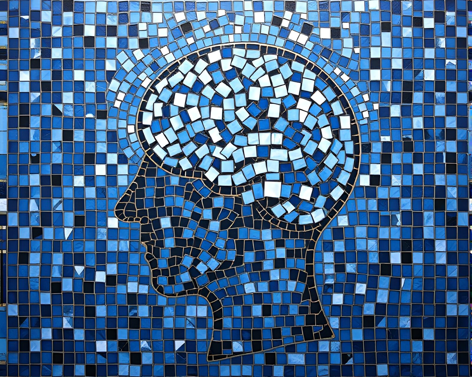 An intricate mosaic of a mind palace in monochrome blue tempera