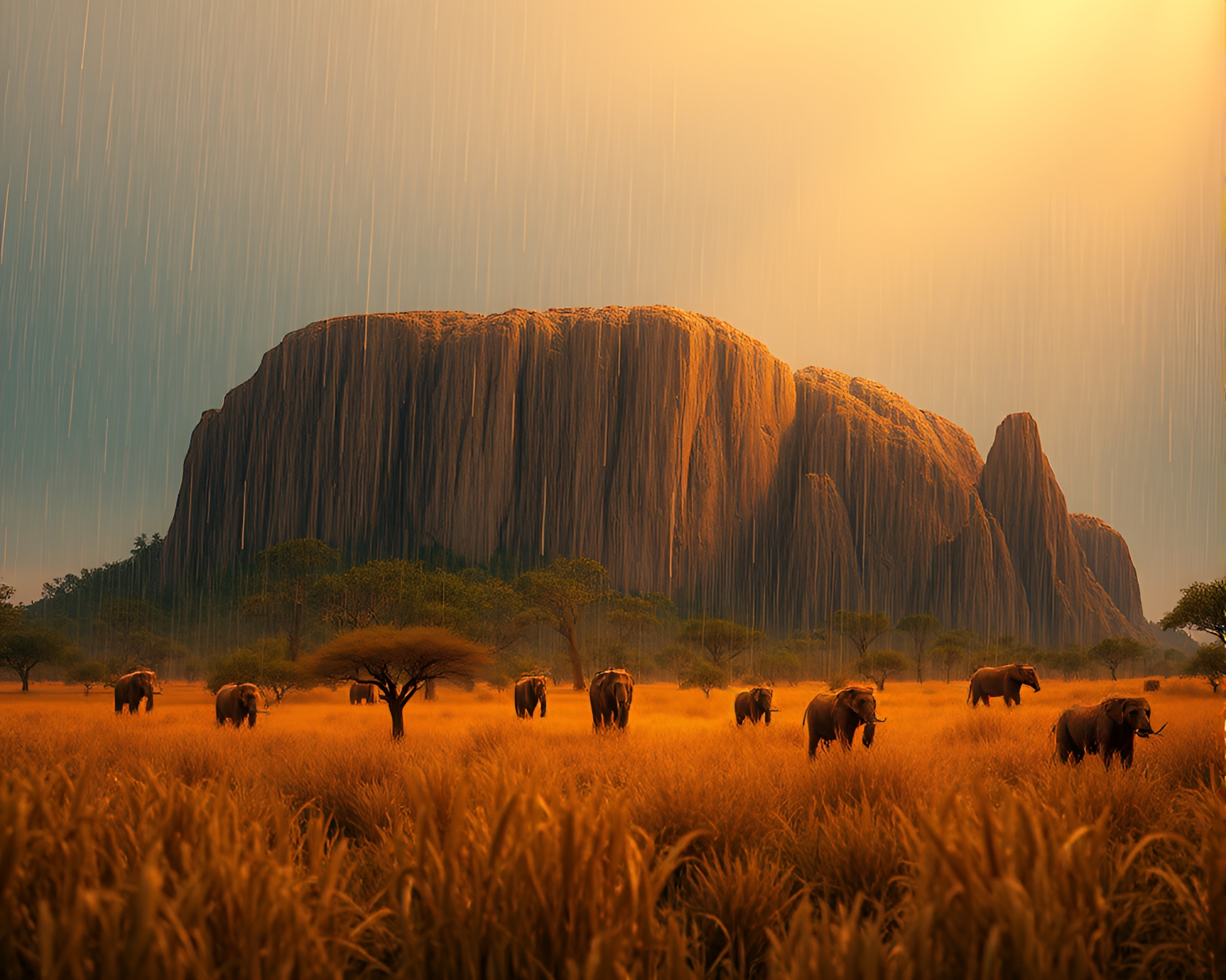 Golden Savannah Monolith Capturing Rain Droplets in CGI – free AI stock image
