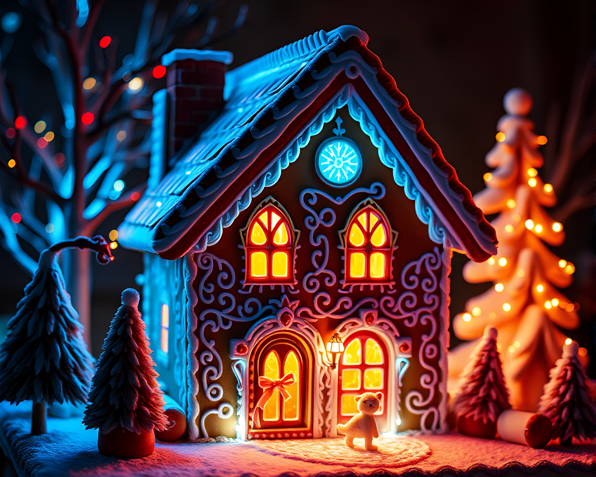 Fluorescent Gingerbread House Fashion Illustration – free AI stock image