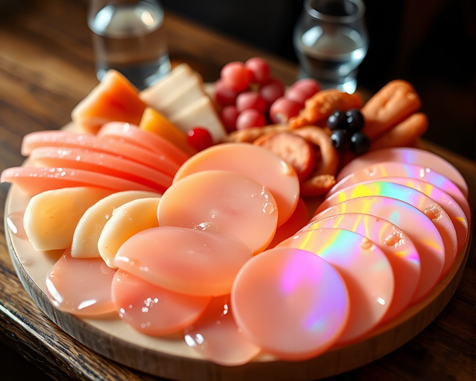 Colorful soap film with a peachy glow on a charcuterie board