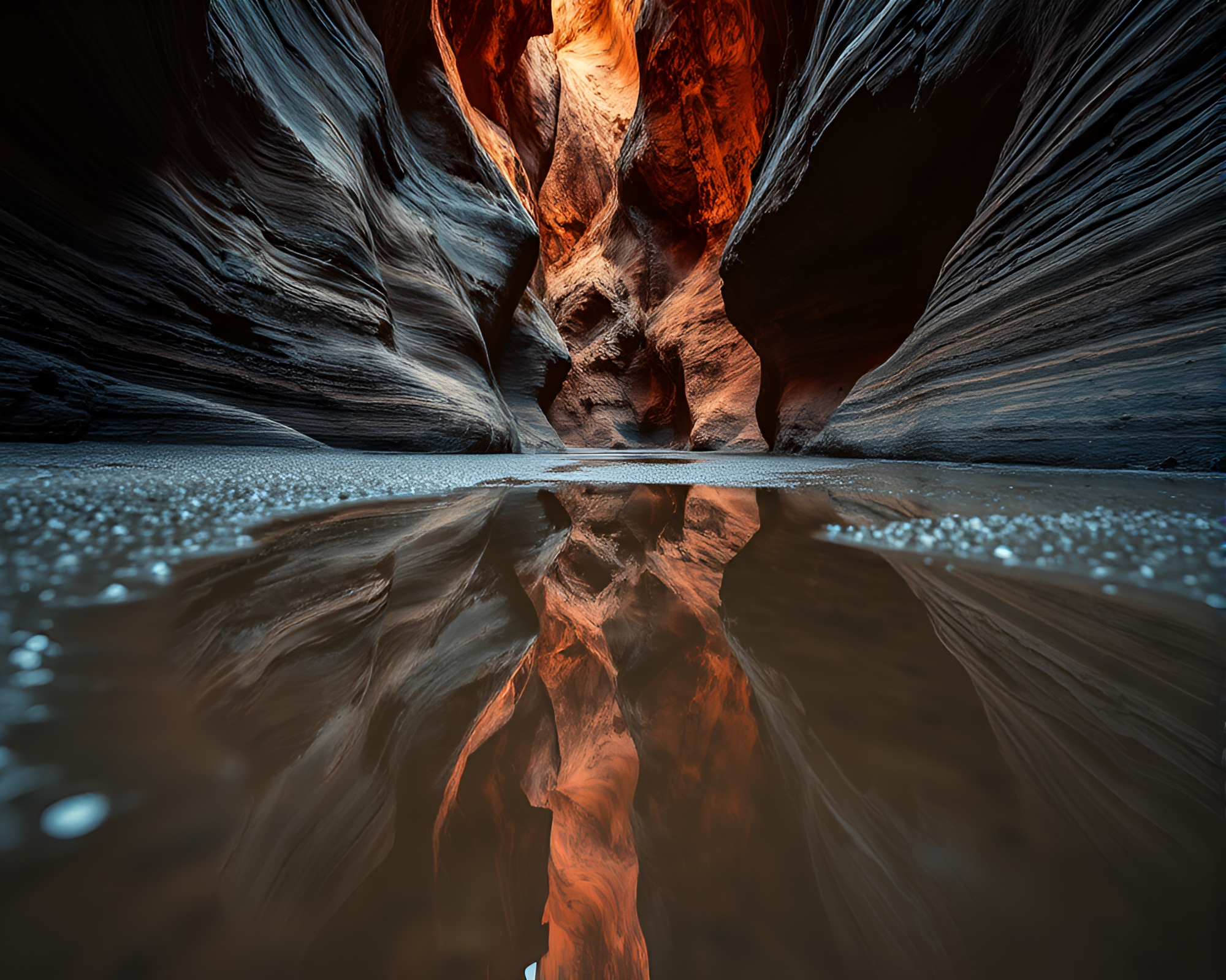 Eroded Canyon Reflection in Brick Red Puddle – free AI stock image