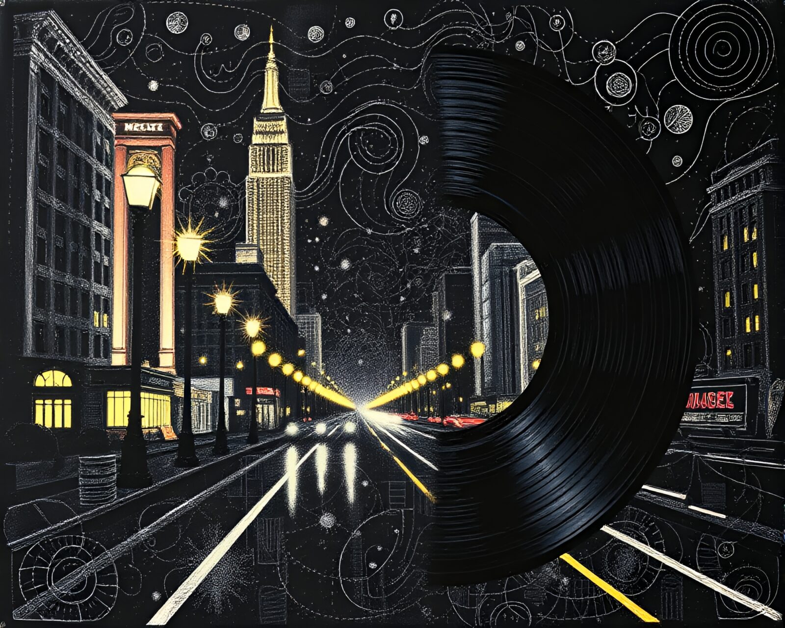 Intricate chalkboard drawing of vinyl record under city lights