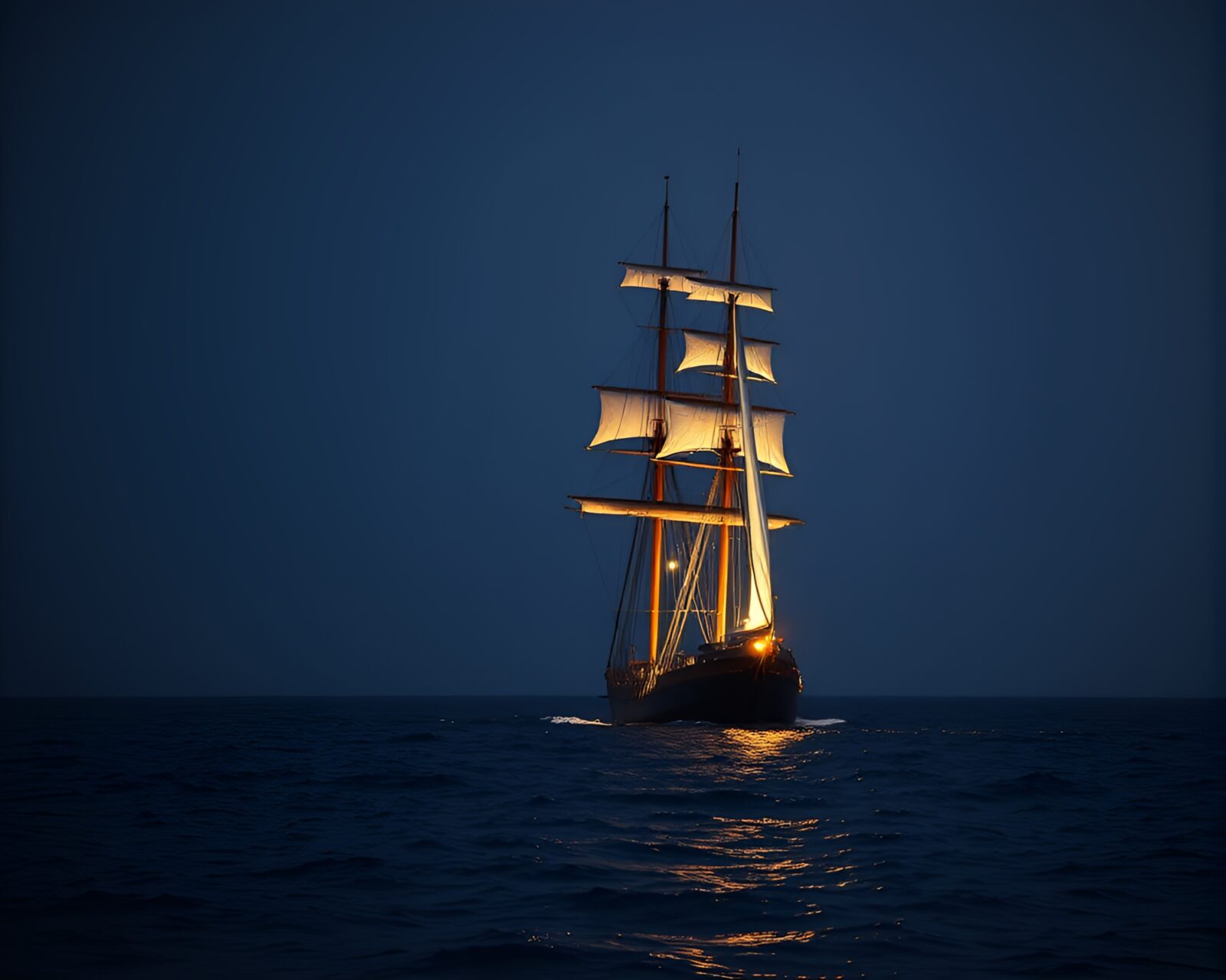Classic sailing ship glowing in the night surrounded by darkness